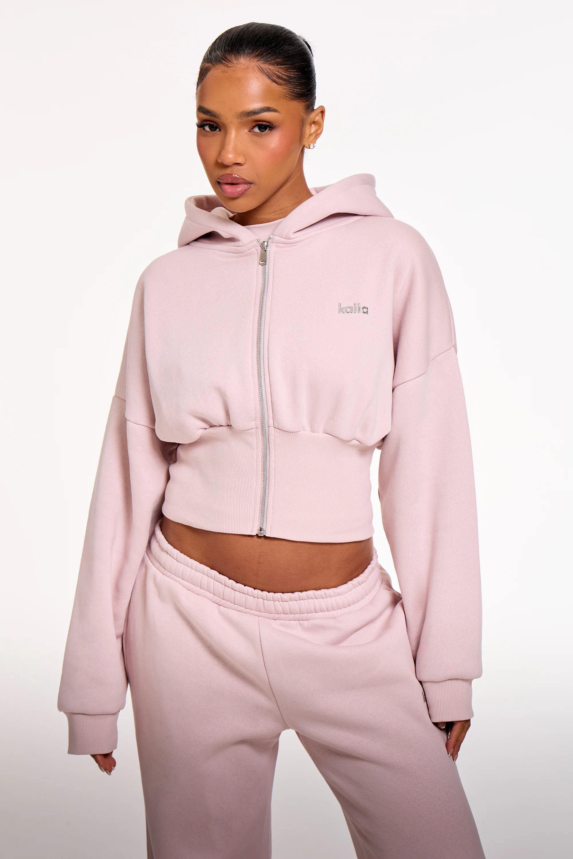 Kaiia Chrome Logo Corset Zip Through Hoodie Pale Dusty Lilac