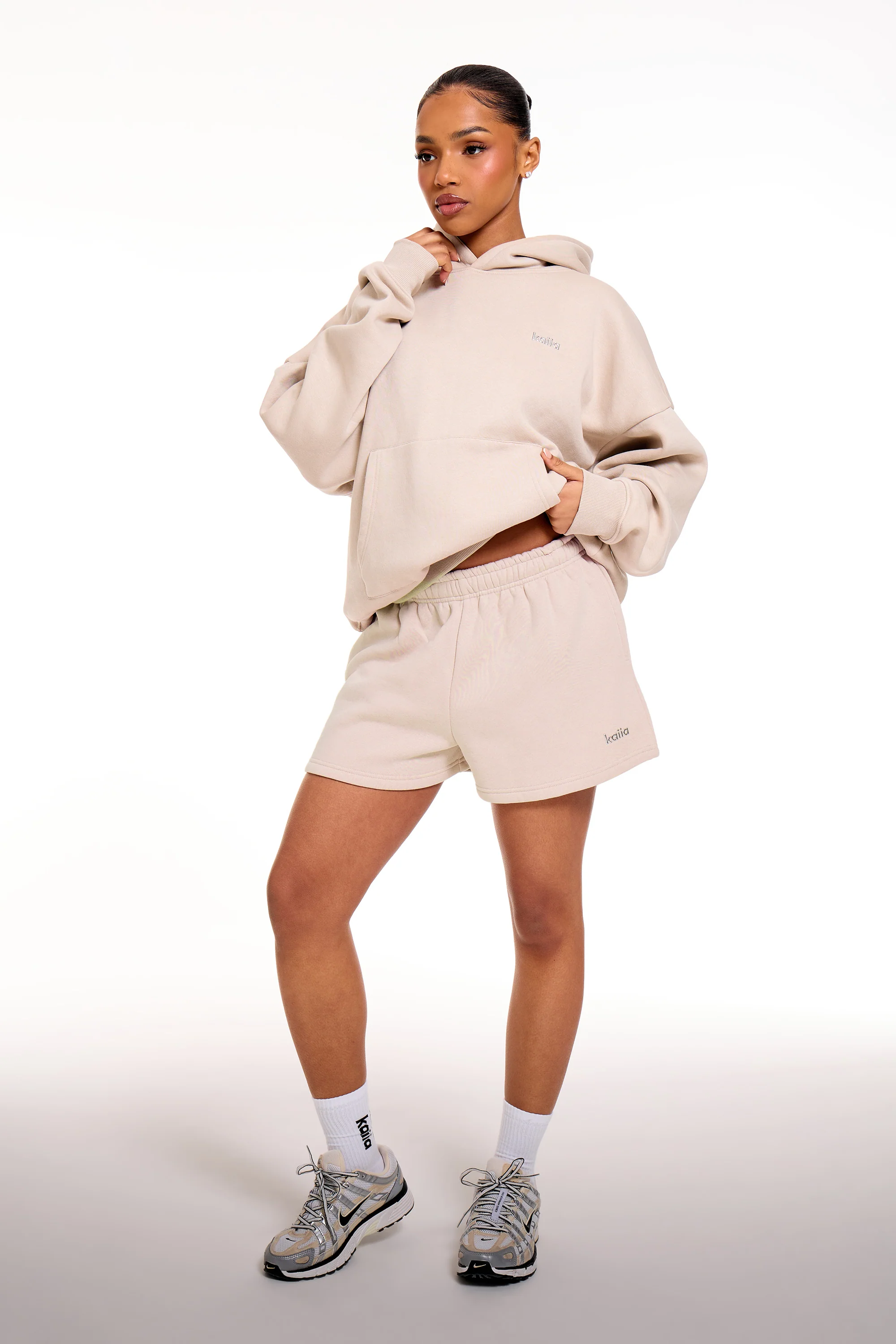 Kaiia Chrome Logo Mini Shorts Ash Taupe