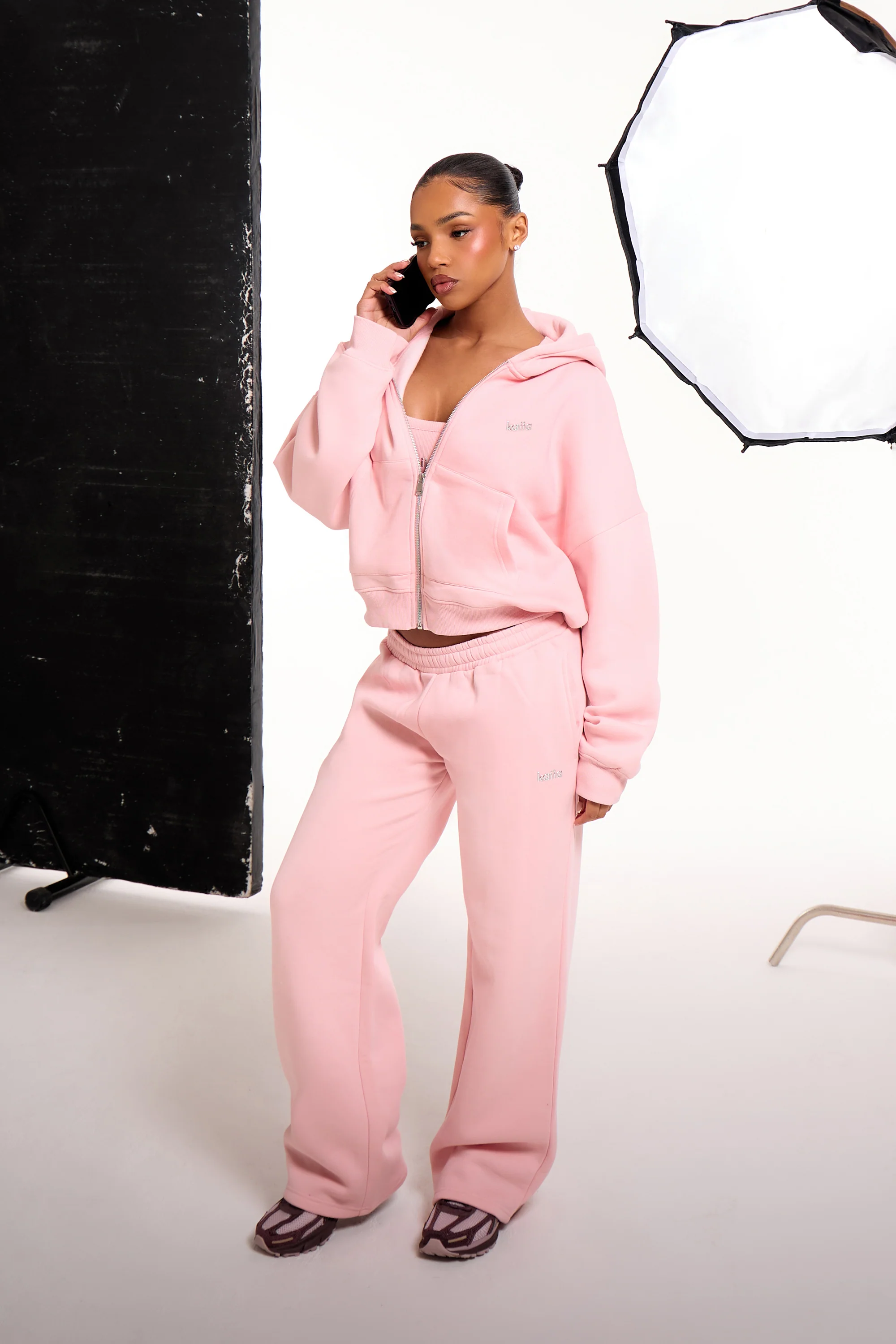 Kaiia Chrome Logo Oversized Zip Through Hoodie Sugar Pink - Image 2