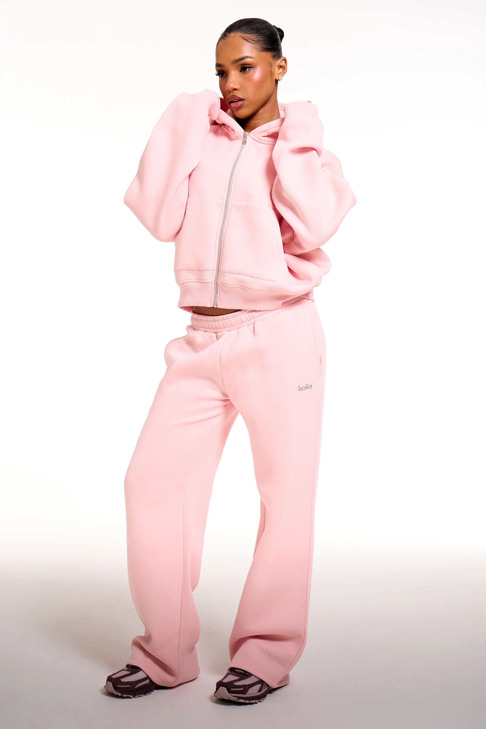 Kaiia Chrome Logo Oversized Zip Through Hoodie Sugar Pink - Image 4