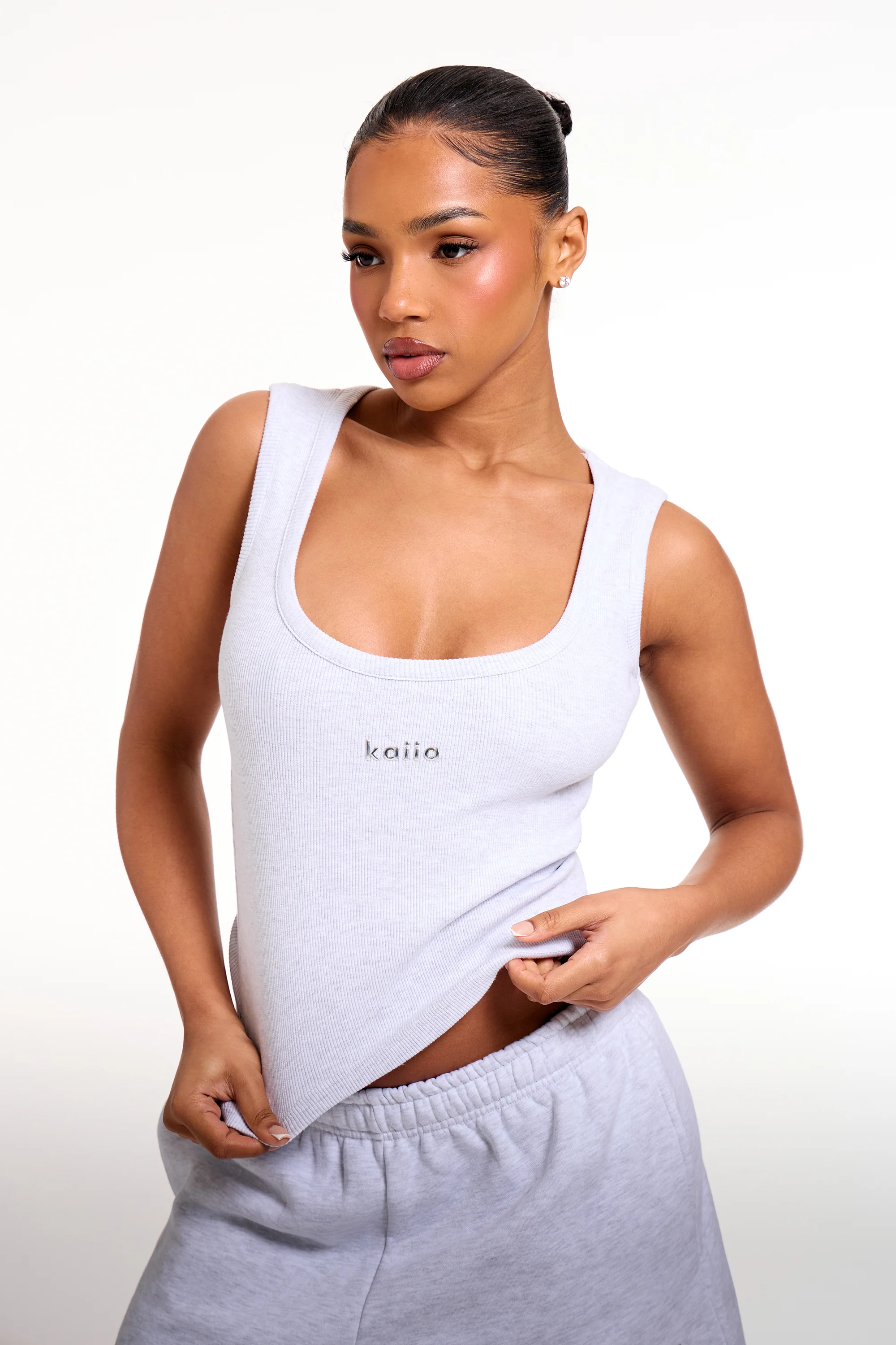 Kaiia Chrome Logo Ribbed Vest Top Grey Melange - Image 5
