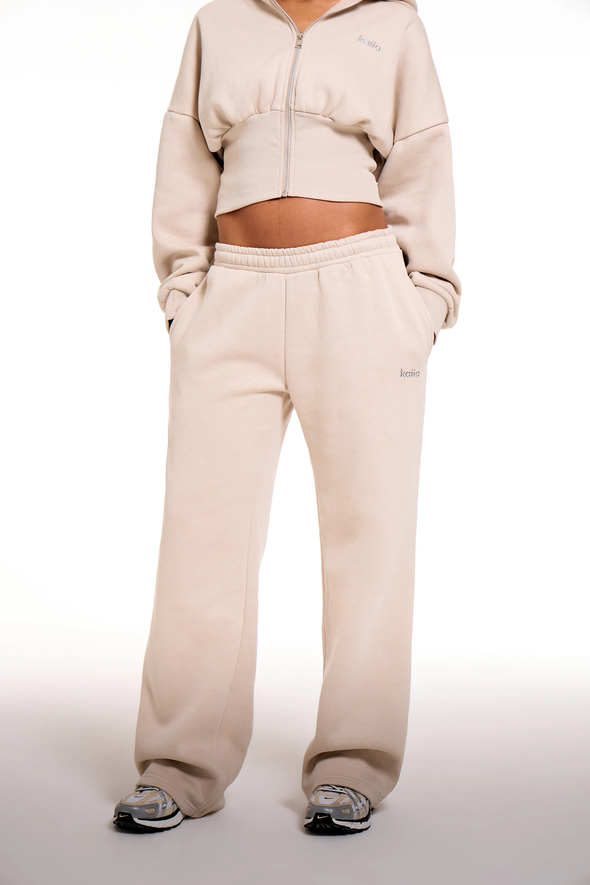 Kaiia Chrome Logo Wide Leg Joggers Ash Taupe - Image 3