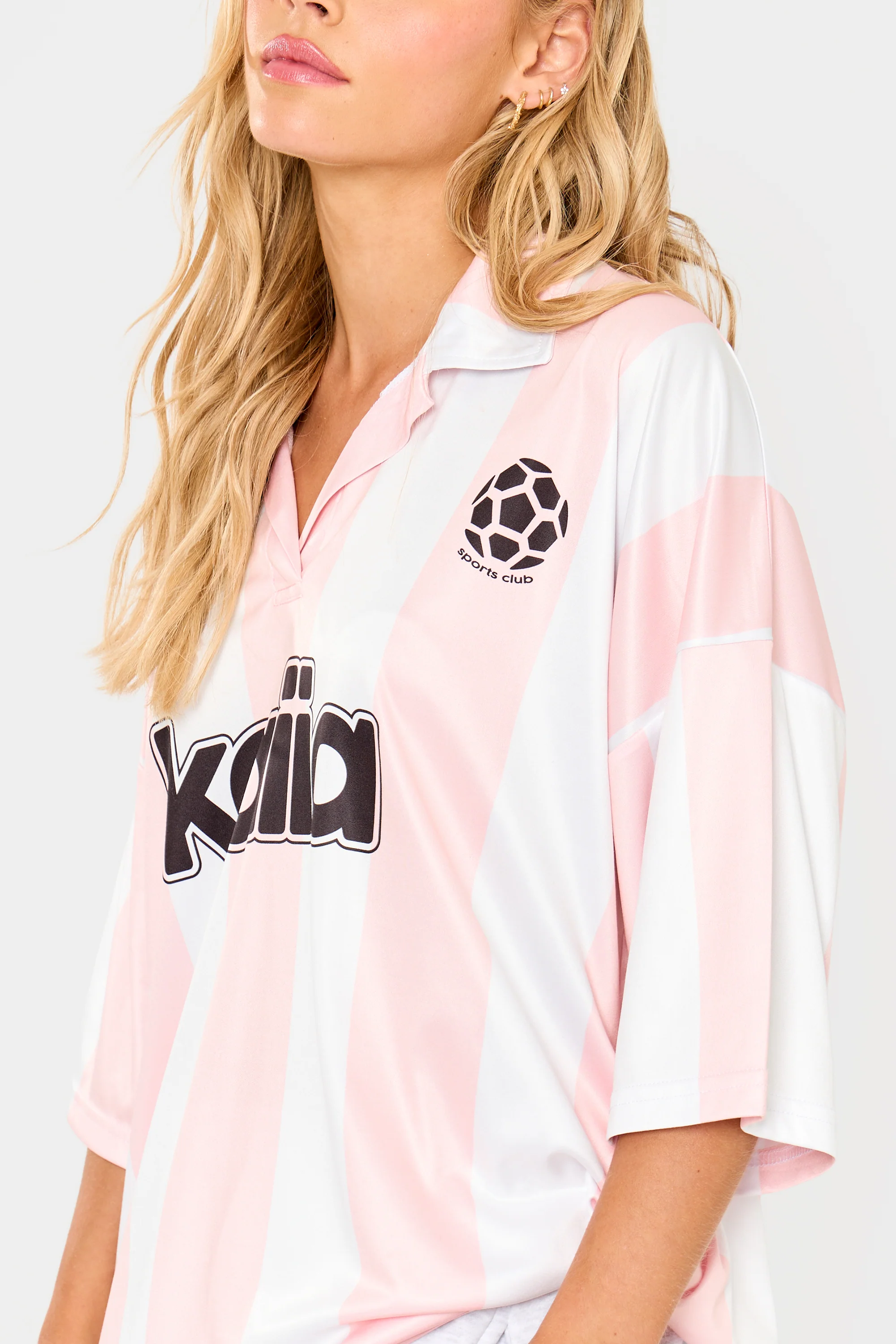 Kaiia Collared Oversized Football Shirt Pink Stripe - Image 4