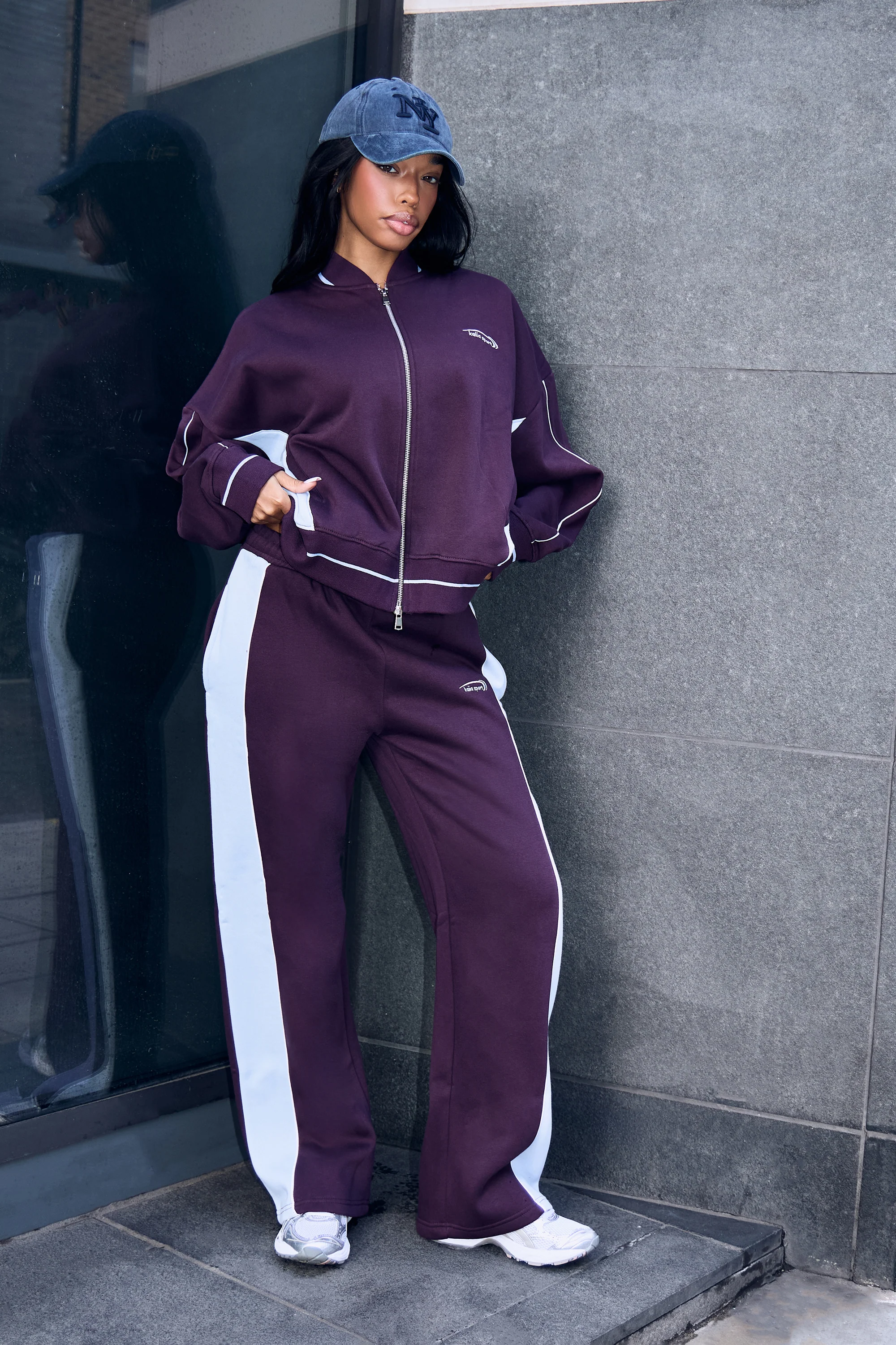 Kaiia Contrast Boxy Bomber Style Sweatshirt Burgundy & Baby Blue - Image 2