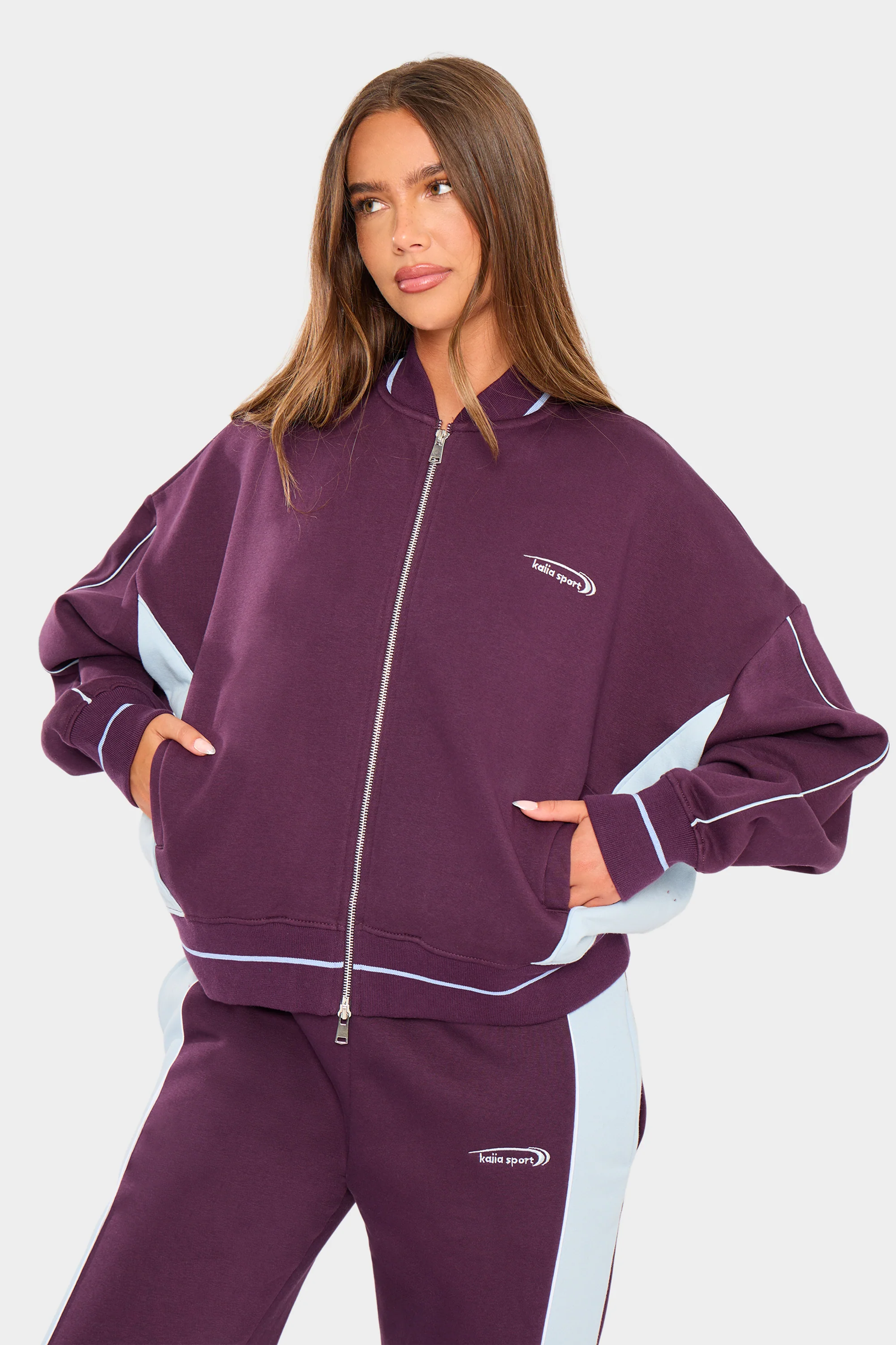 Kaiia Contrast Boxy Bomber Style Sweatshirt Burgundy & Baby Blue - Image 5