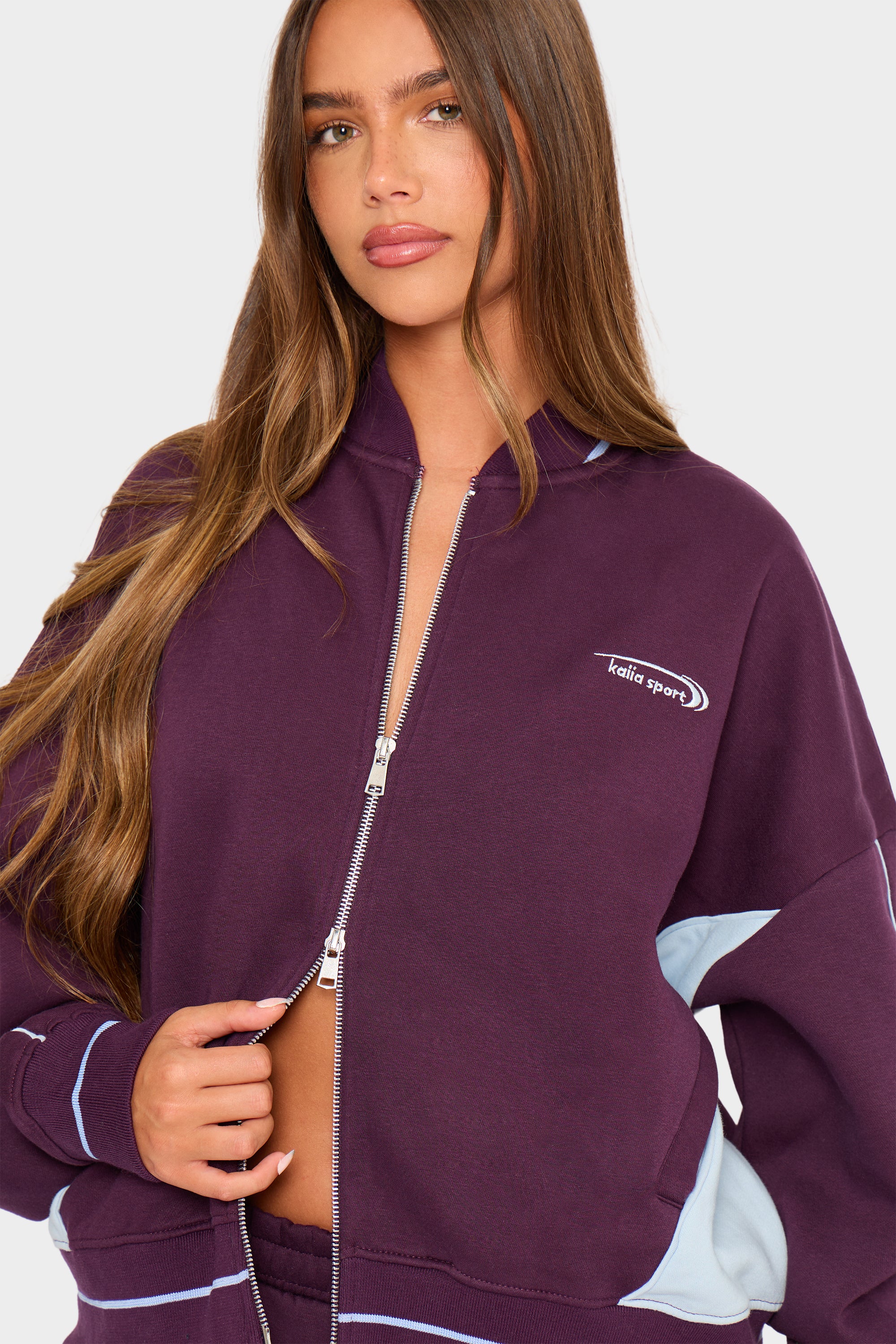 Kaiia Contrast Boxy Bomber Style Sweatshirt Burgundy & Baby Blue - Image 6