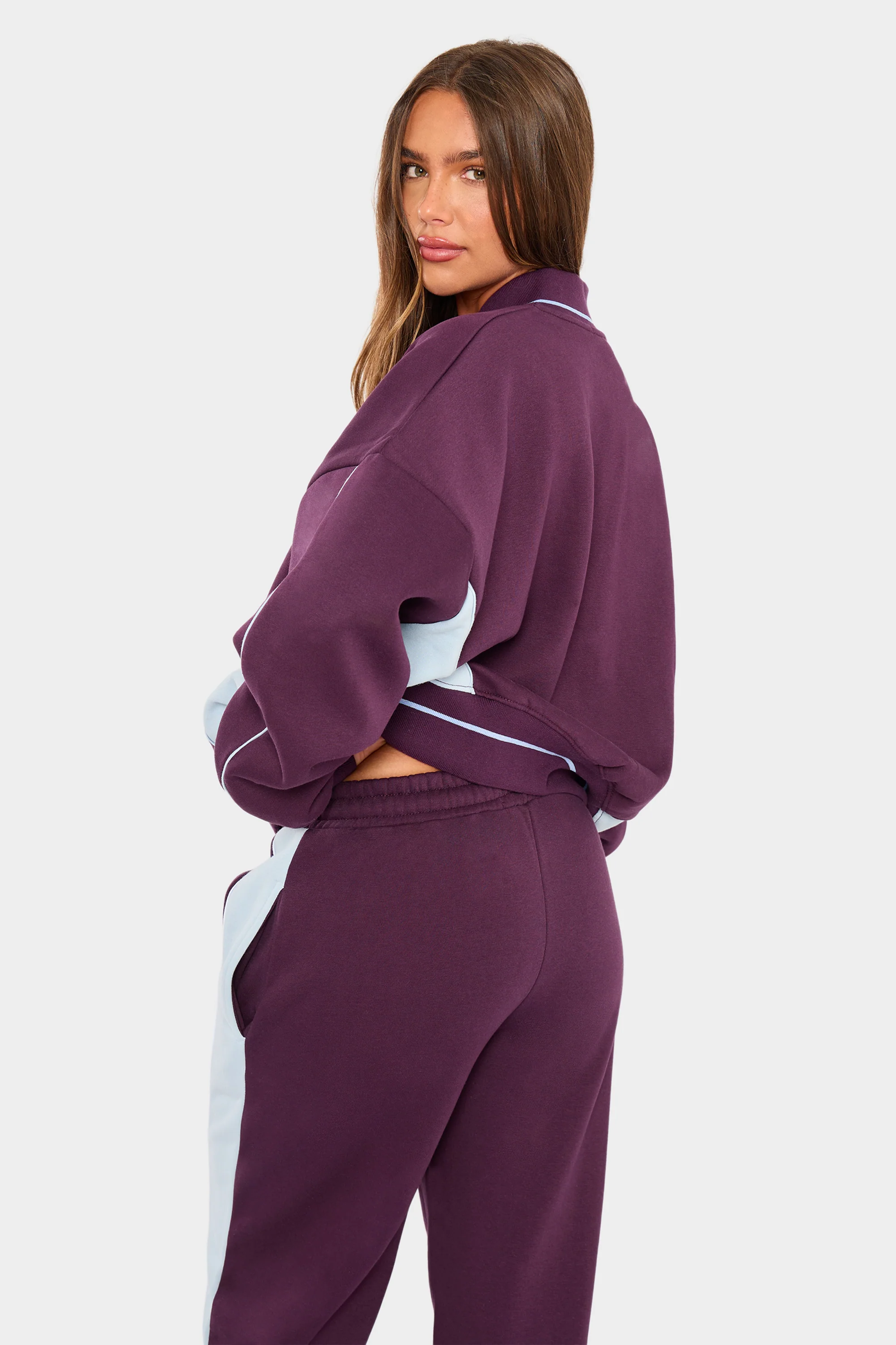 Kaiia Contrast Boxy Bomber Style Sweatshirt Burgundy & Baby Blue - Image 7