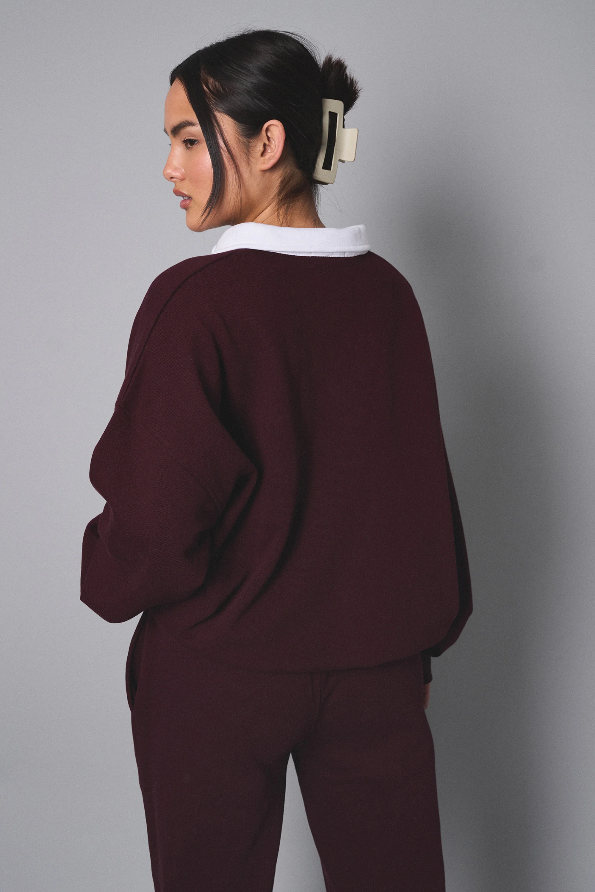 Kaiia Contrast Collar Oversized Rugby Sweatshirt Burgundy - Image 2