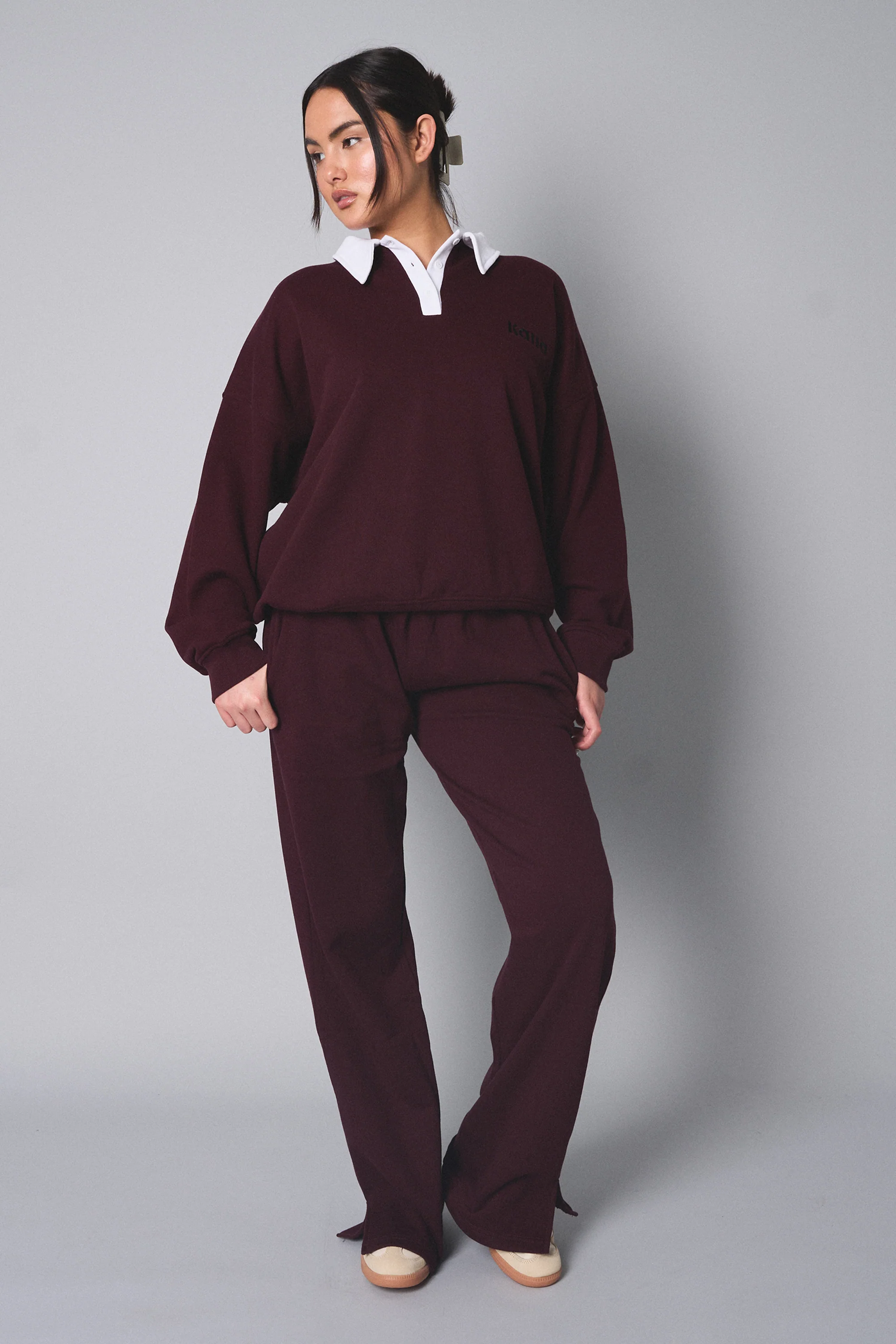 Kaiia Contrast Collar Oversized Rugby Sweatshirt Burgundy - Image 3