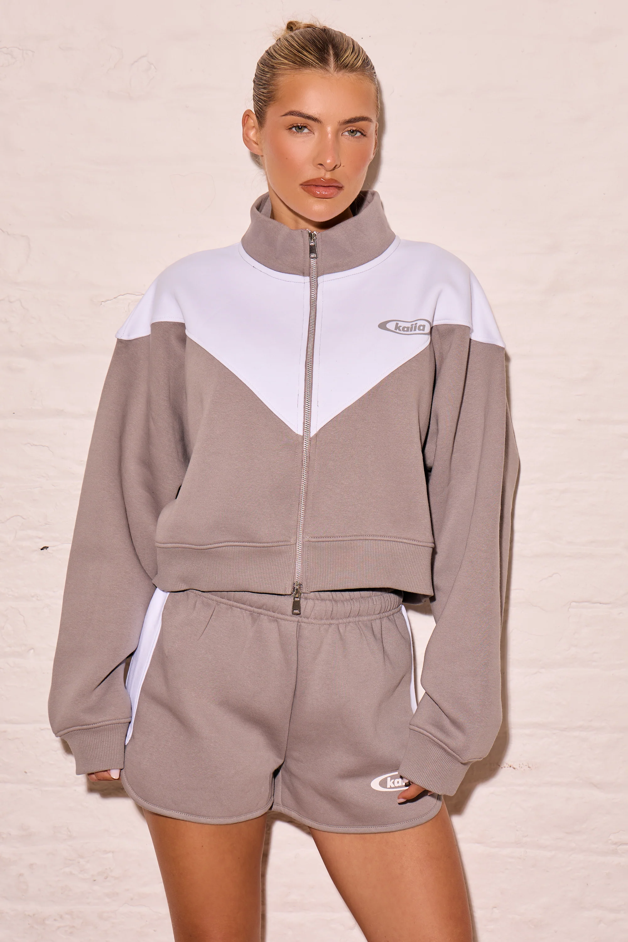 Kaiia Contrast Panel Zip Through Sweatshirt Mist Grey & Cream