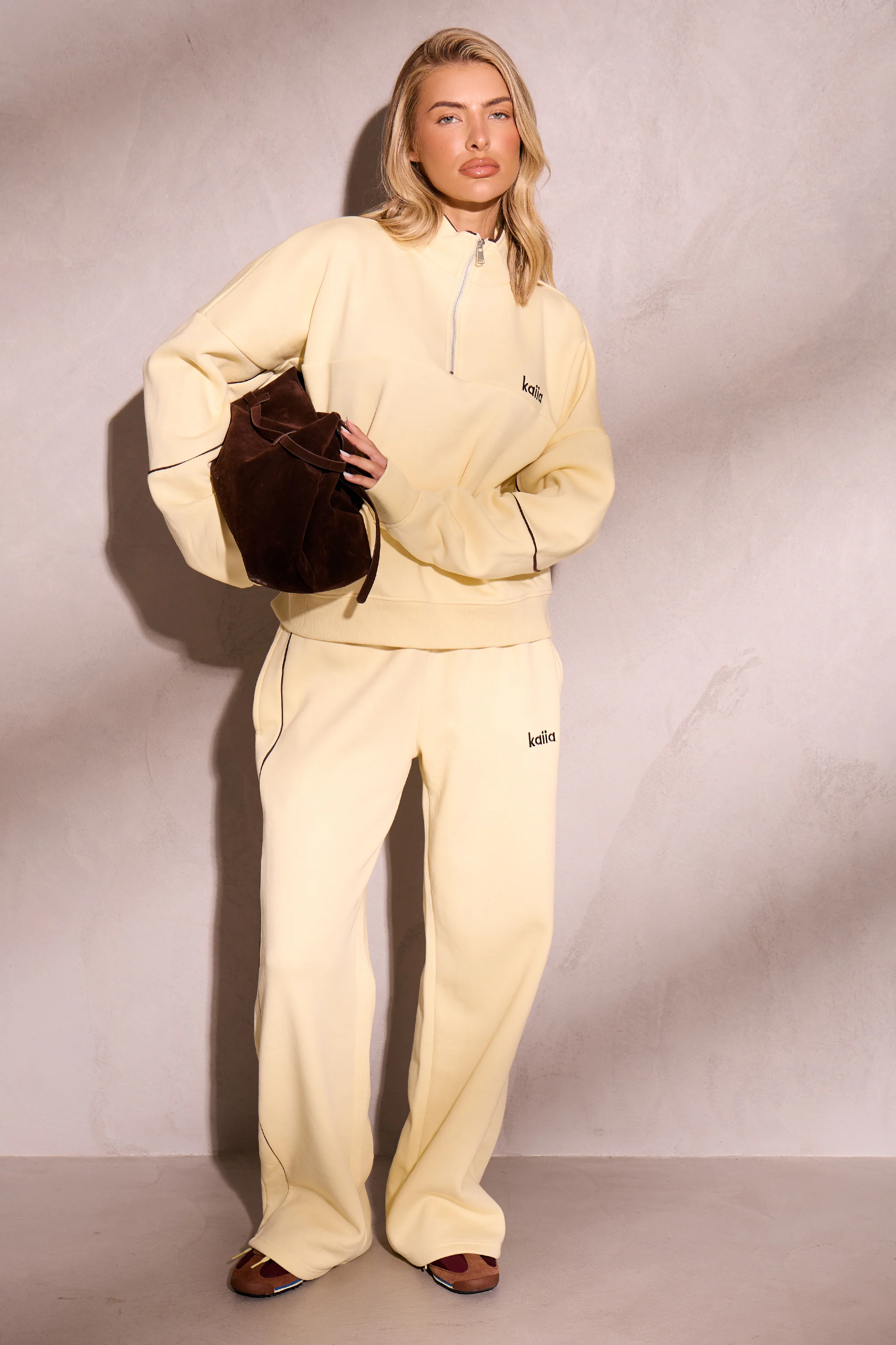 Kaiia Contrast Piping Wide Leg Joggers Lemon & Brown