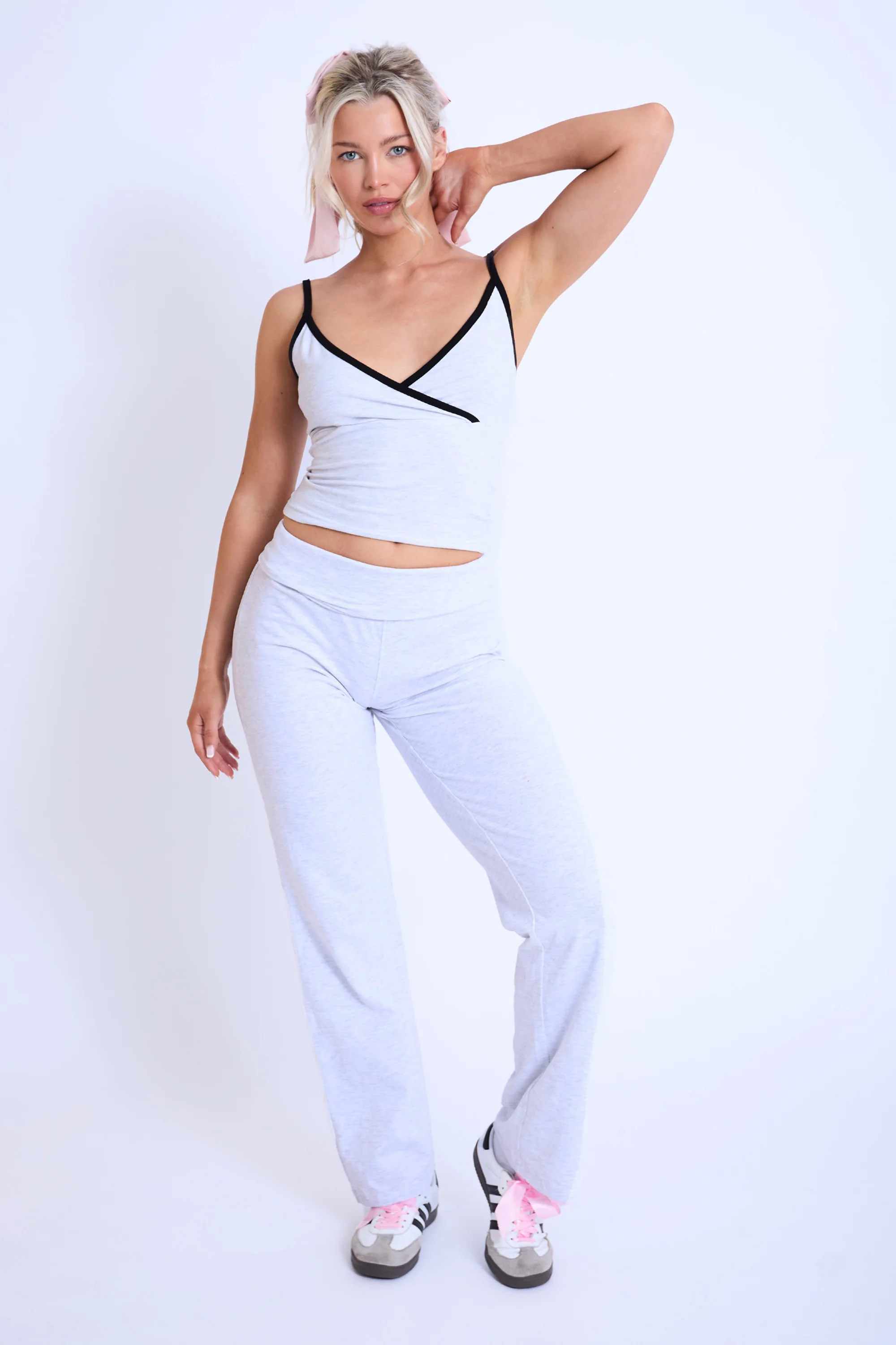 Kaiia Contrast Trim Wrap Top Light Grey Marl & Black - Image 3