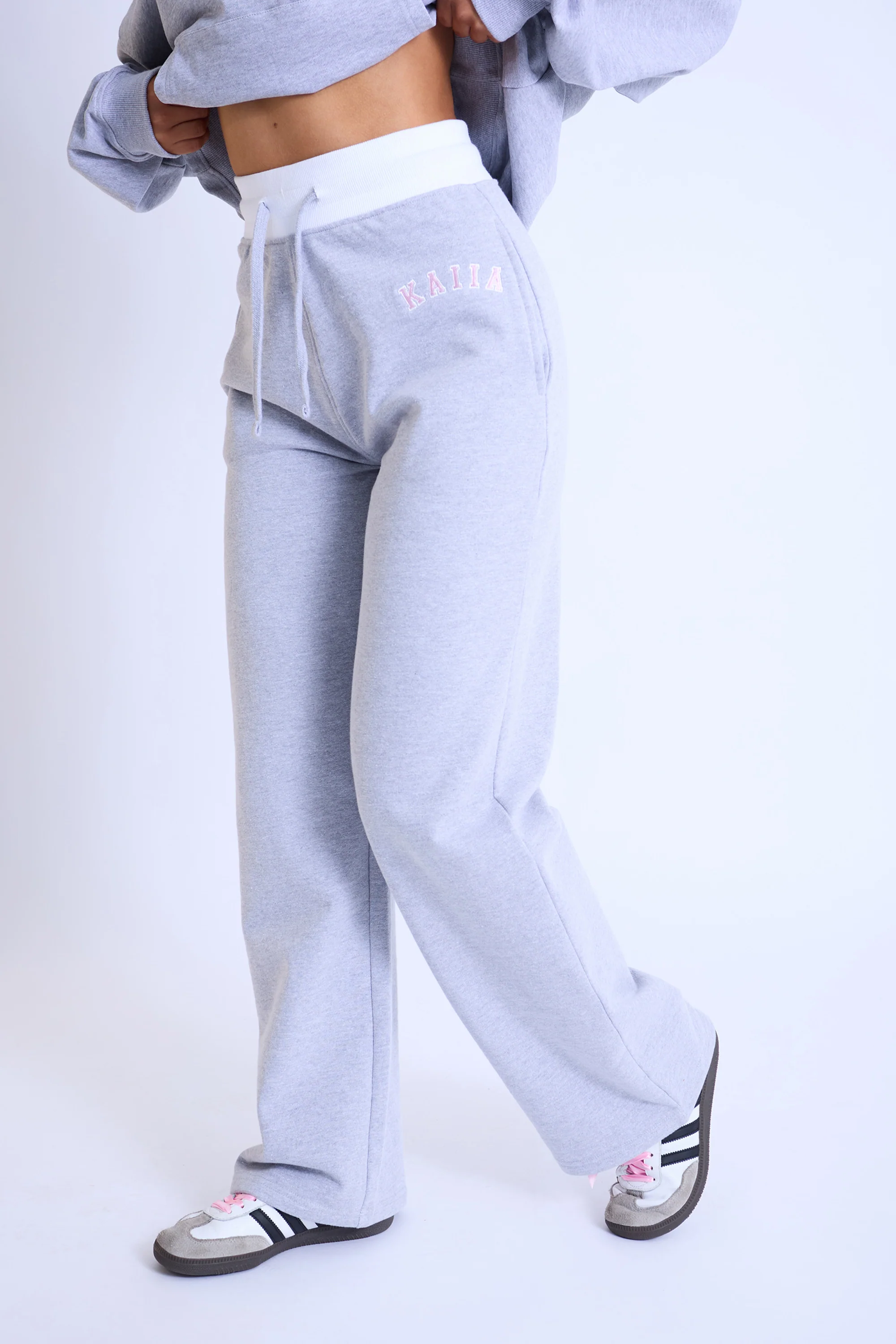Kaiia Contrast Waistband Wide Leg Sweat Pants Grey Marl & Pink - Image 3
