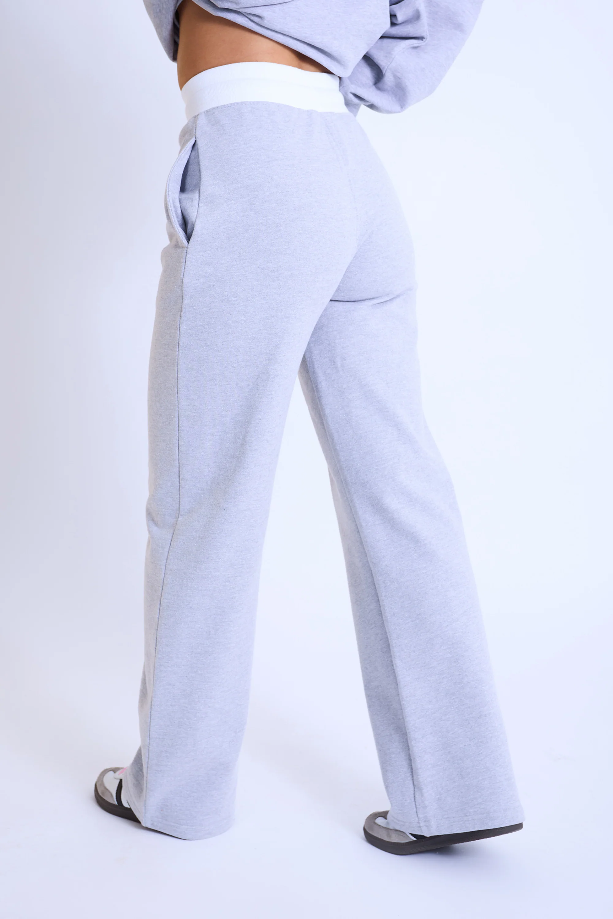 Kaiia Contrast Waistband Wide Leg Sweat Pants Grey Marl & Pink - Image 4