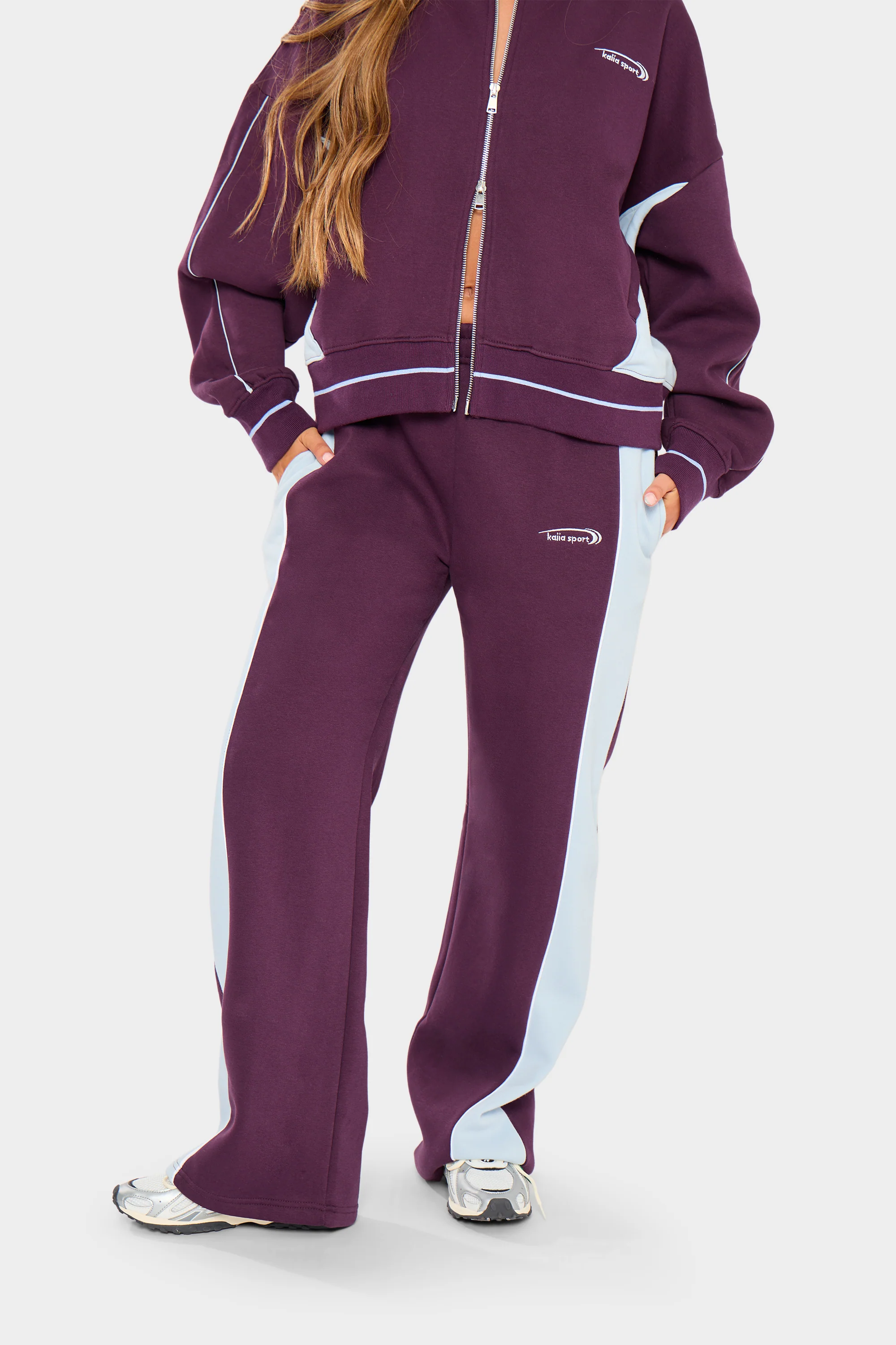 Kaiia Contrast Wide Leg Joggers Burgundy & Baby Blue - Image 4