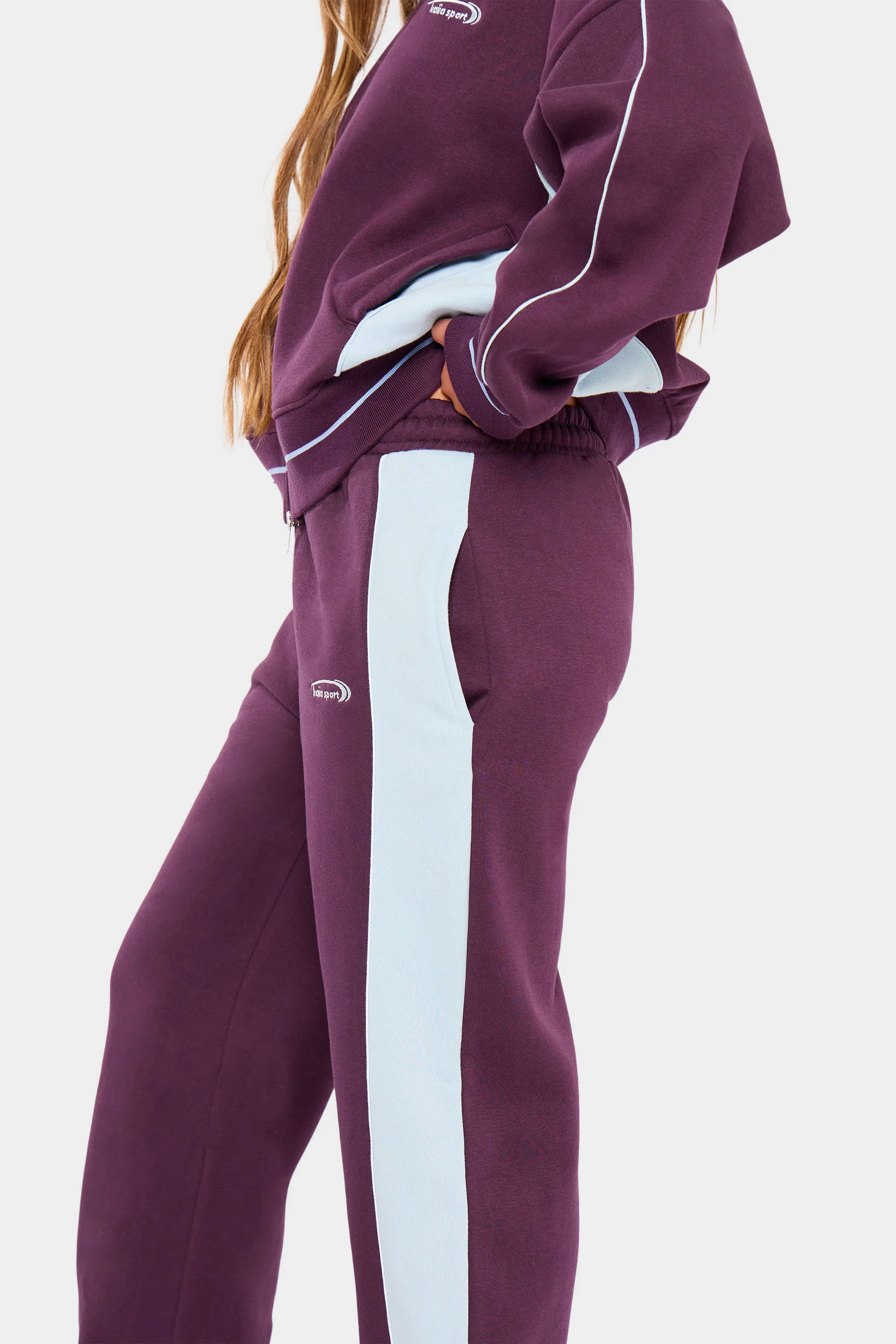 Kaiia Contrast Wide Leg Joggers Burgundy & Baby Blue - Image 5
