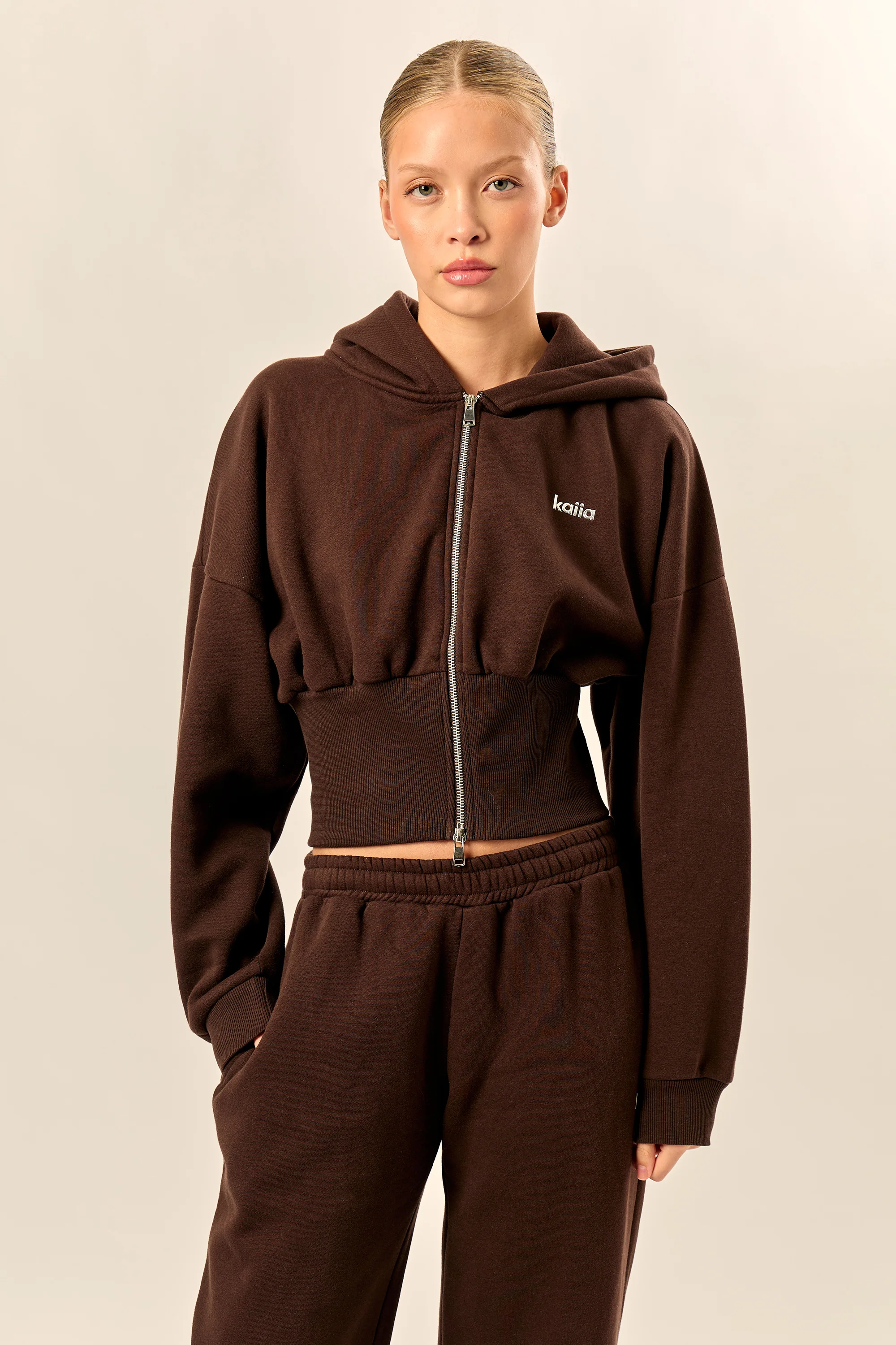 Kaiia Chrome Logo Corset Zip Through Hoodie Bitter Chocolate - Image 6