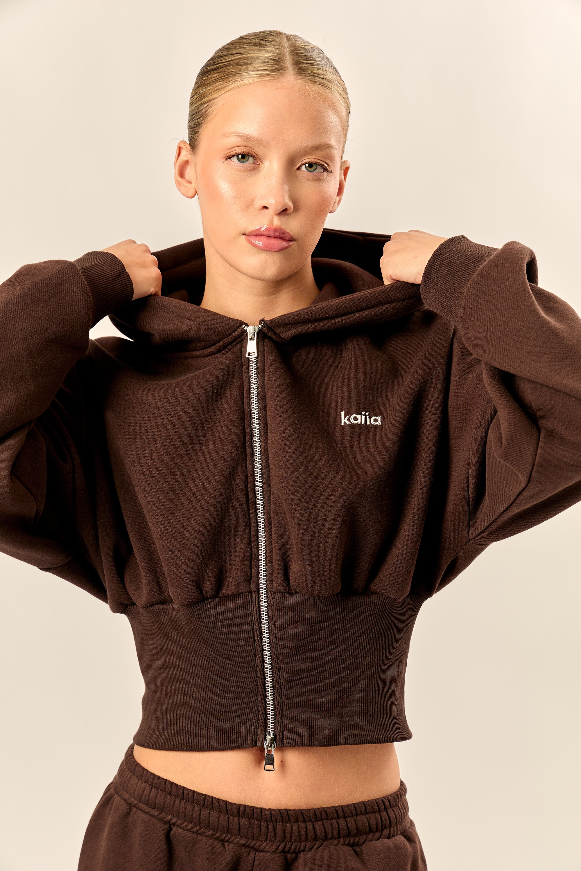 Kaiia Chrome Logo Corset Zip Through Hoodie Bitter Chocolate - Image 7