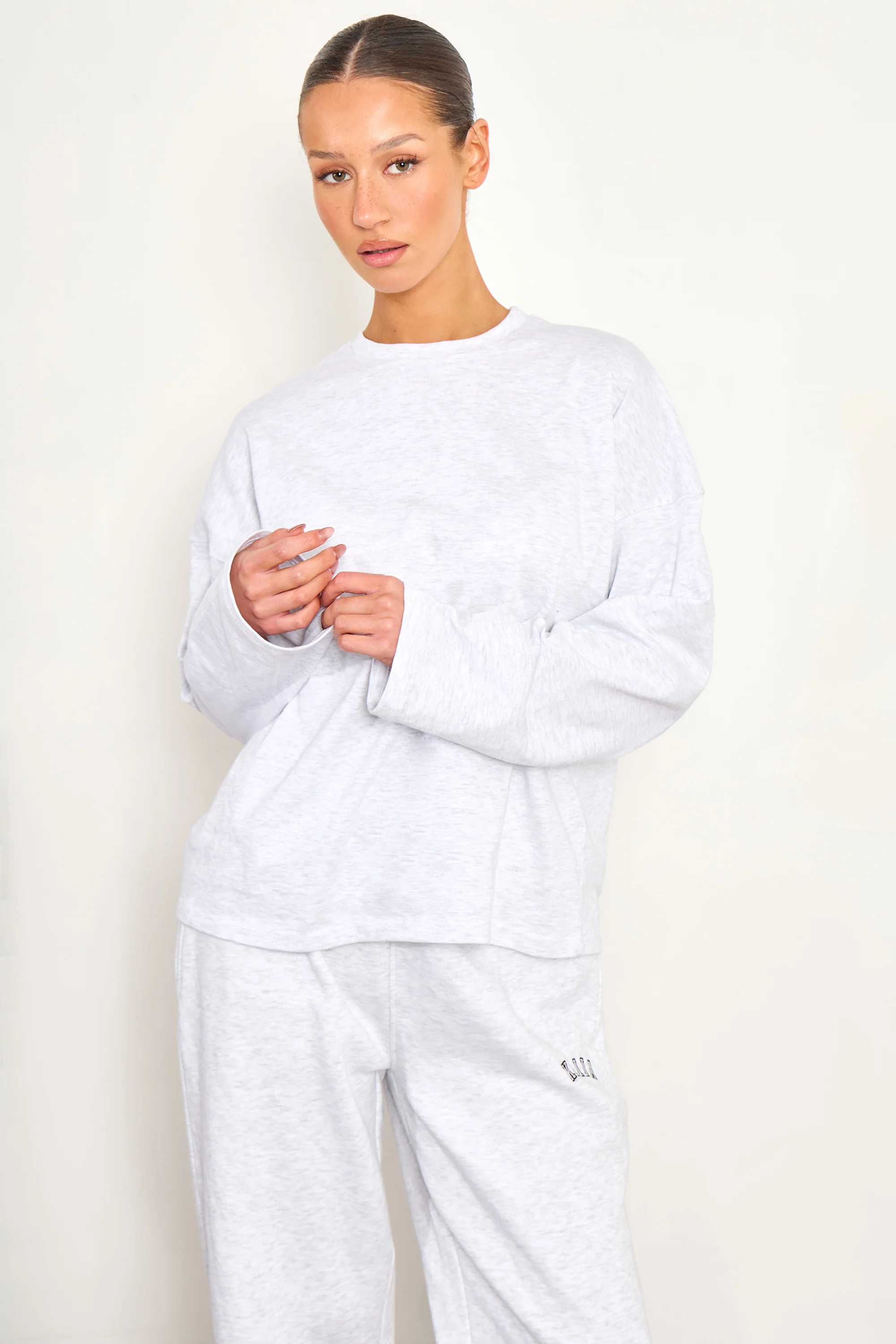 Kaiia Cotton Long Sleeve Oversized T Shirt Light Grey Marl - Image 2