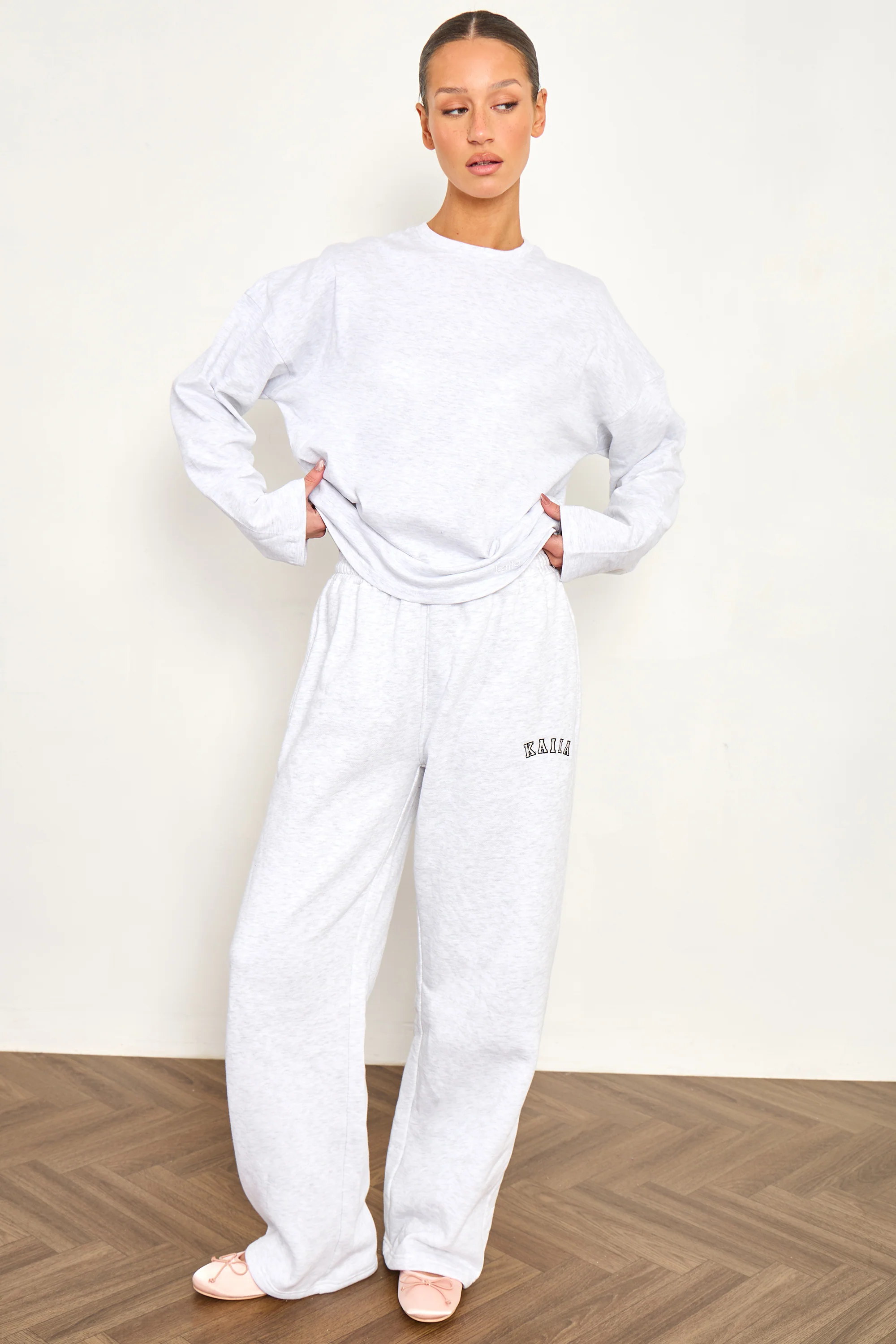 Kaiia Cotton Long Sleeve Oversized T Shirt Light Grey Marl - Image 3