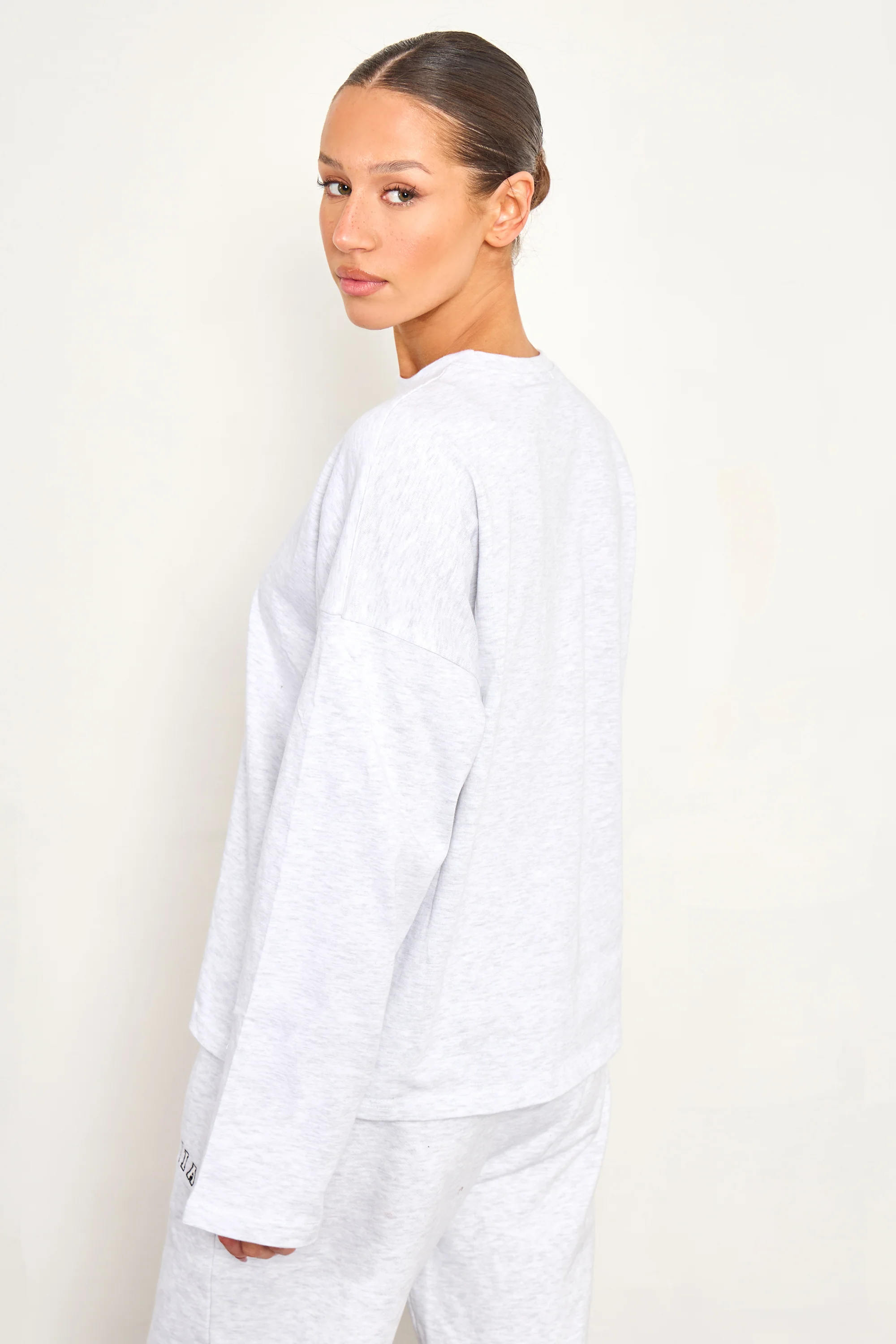 Kaiia Cotton Long Sleeve Oversized T Shirt Light Grey Marl - Image 5
