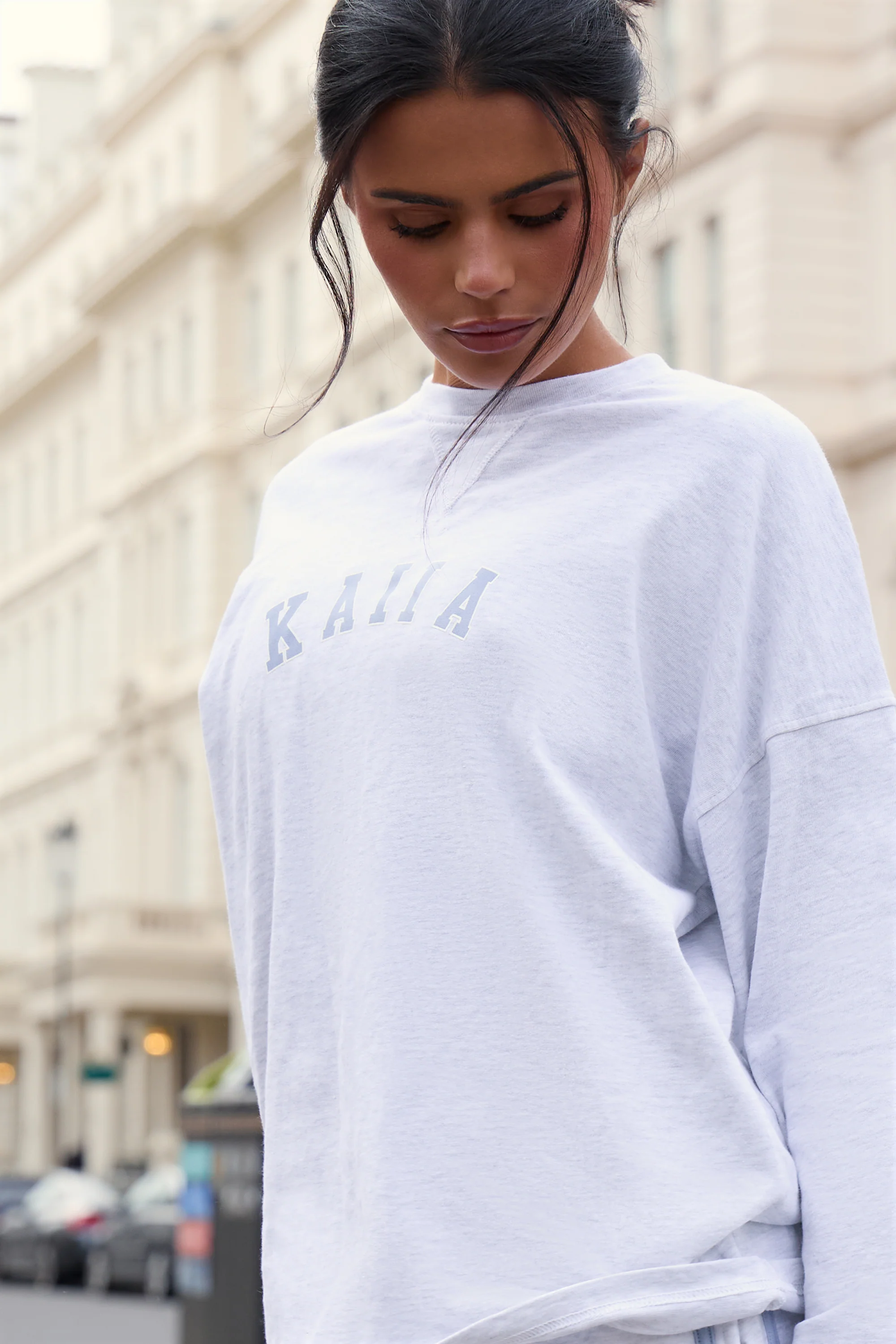 Kaiia Cotton Long Sleeve Oversized T-shirt Light Grey Marl & Light Blue - Image 2
