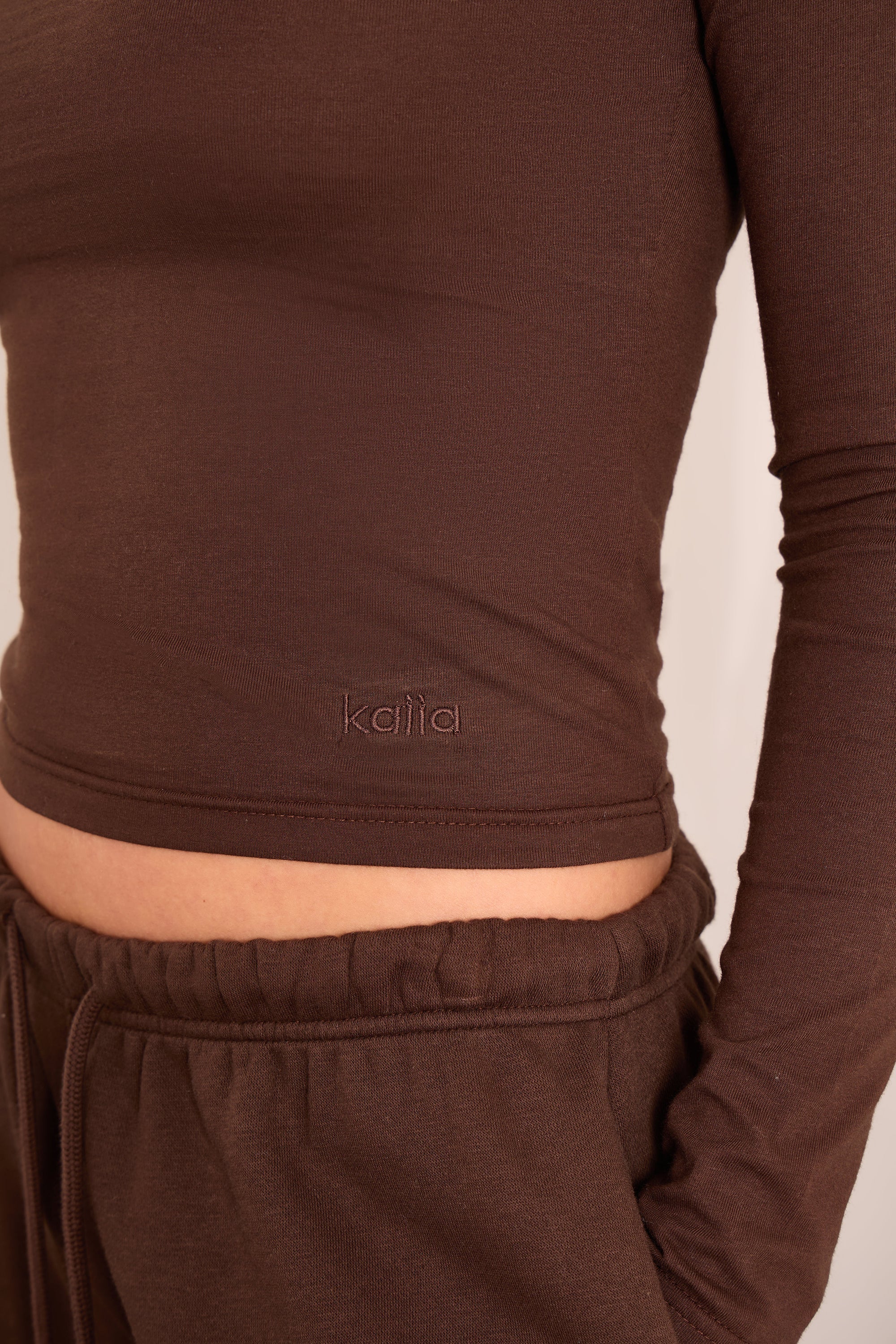 Kaiia Cotton Slash Neck Long Sleeve Top Bitter Chocolate - Image 2