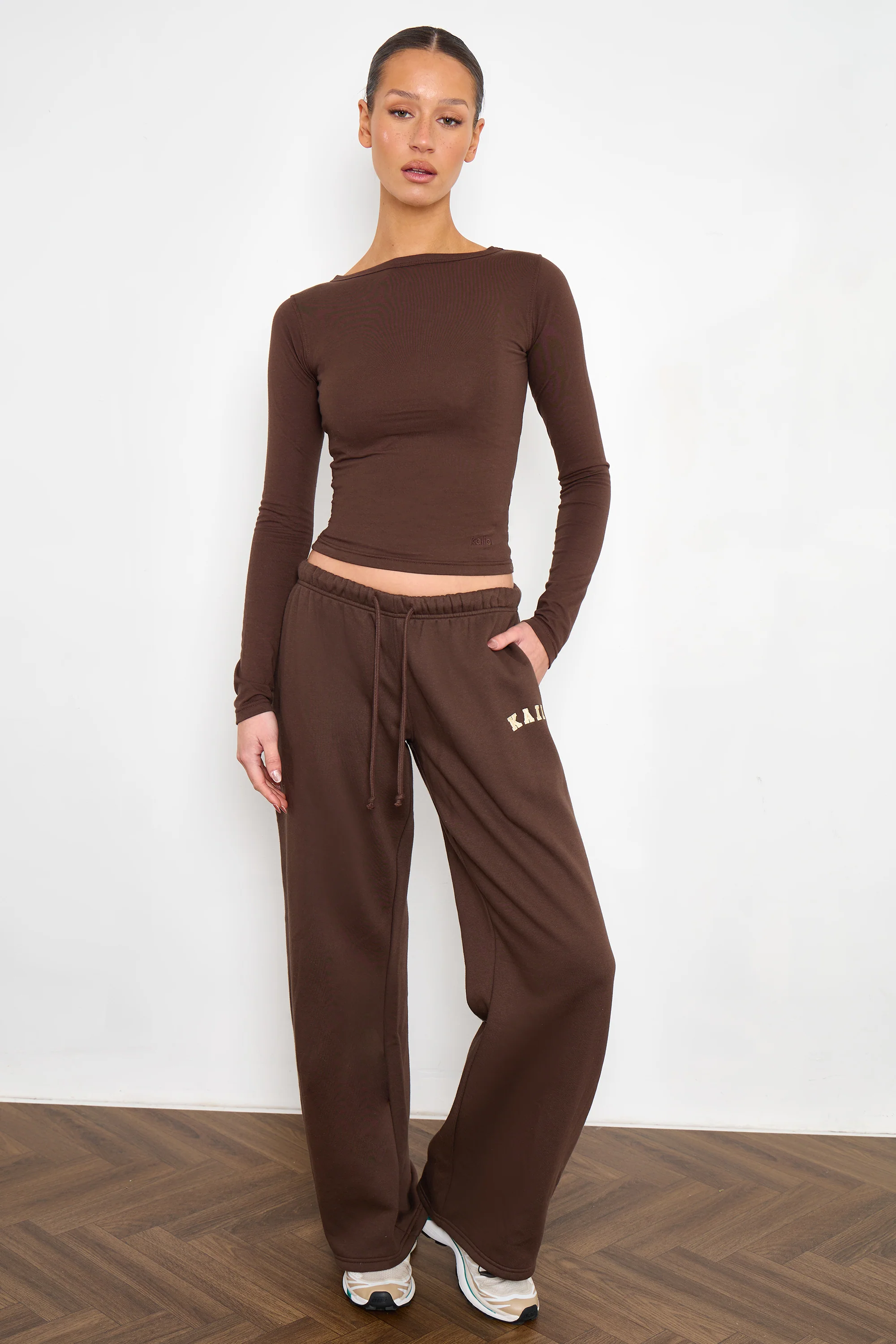 Kaiia Cotton Slash Neck Long Sleeve Top Bitter Chocolate - Image 3