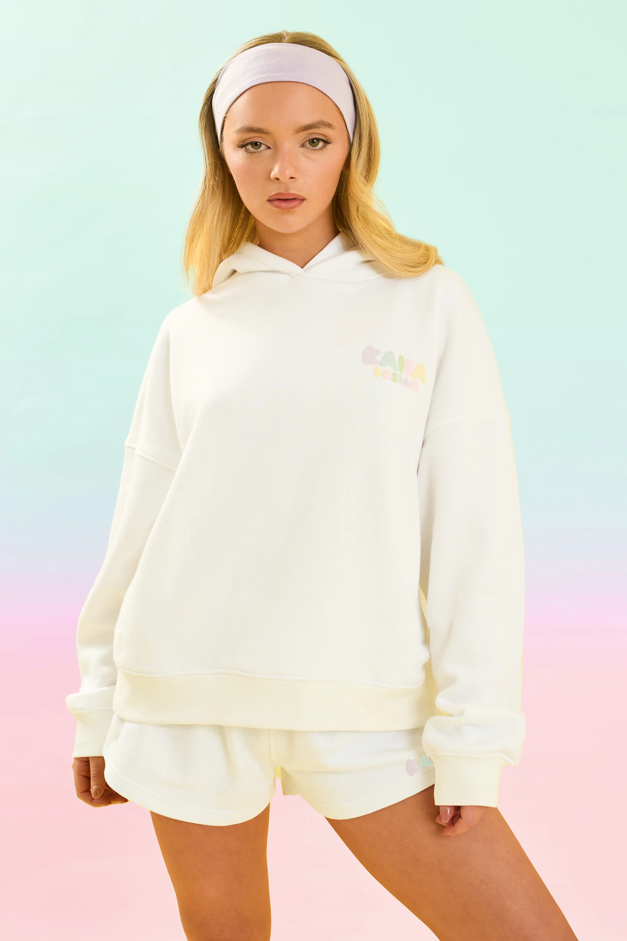 Kaiia Design Bubble Logo Oversized Hoodie Off White & Rainbow - Image 4