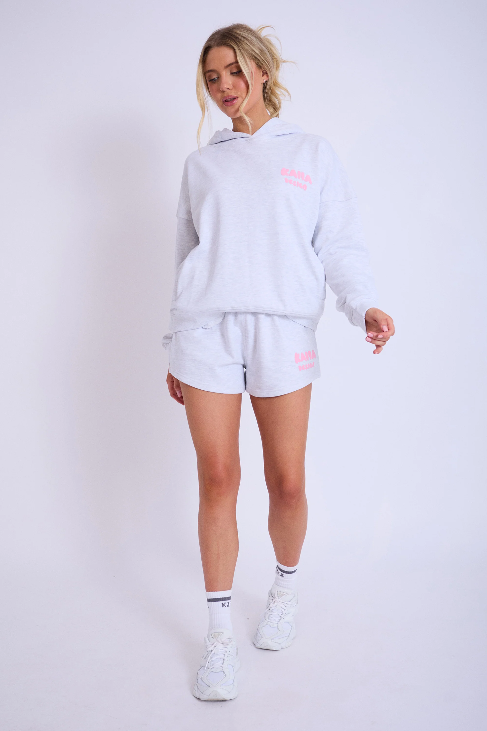 Kaiia Design Bubble Logo Sweat Shorts Lt Grey Marl & Pink - Image 6