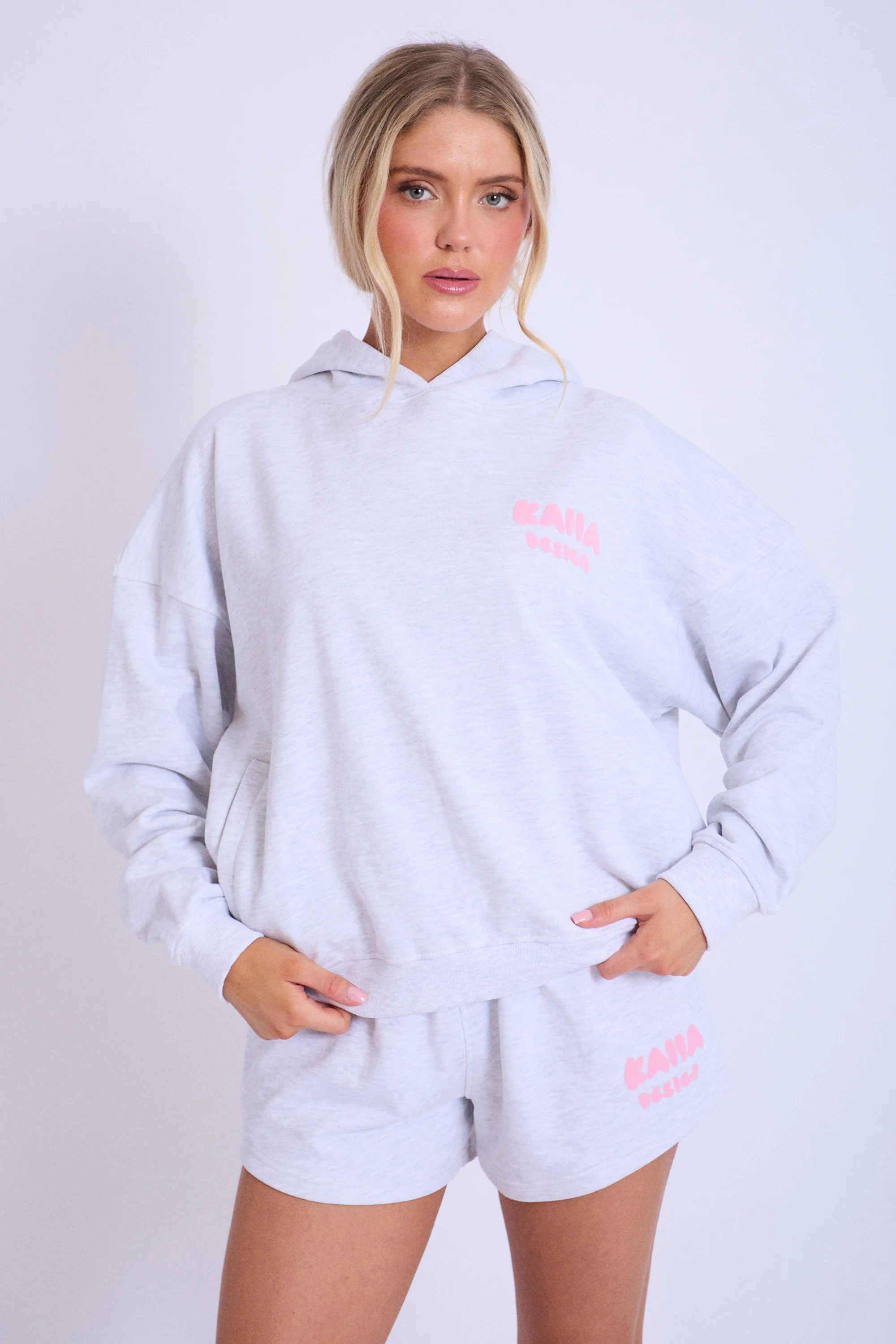Kaiia Design Bubble Logo Sweat Shorts Lt Grey Marl & Pink - Image 7