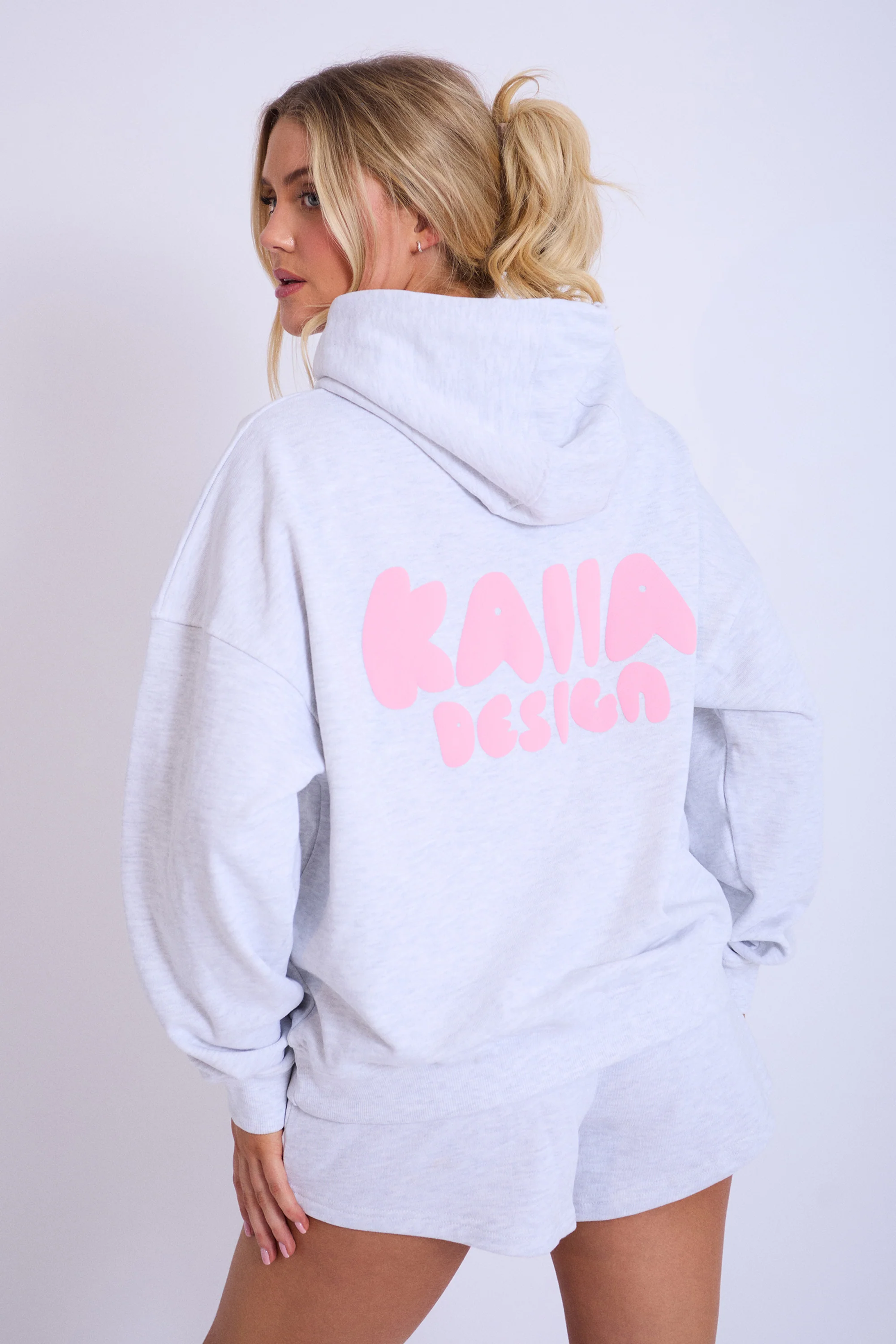 Kaiia Design Bubble Logo Oversized Hoodie Lt Grey Marl & Pink - Image 5