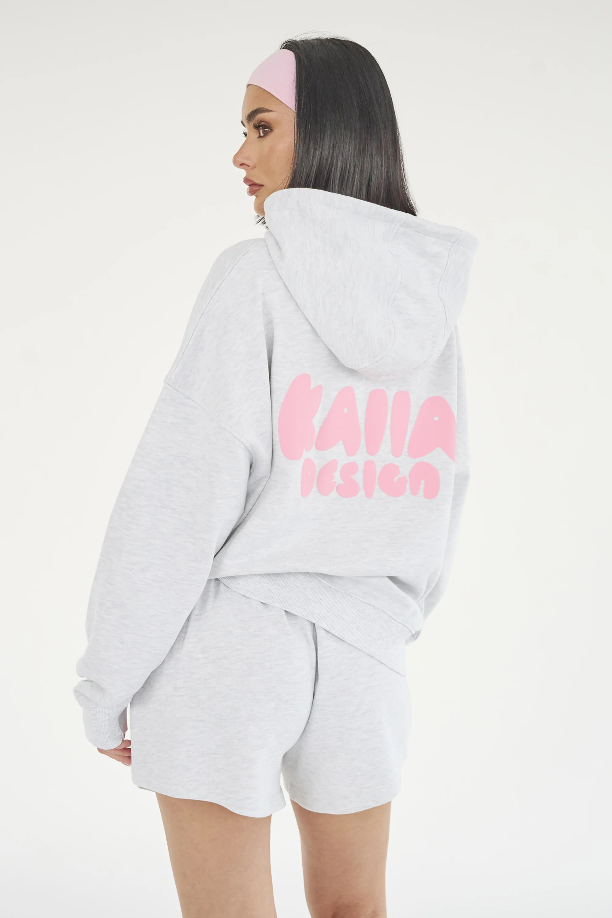 Kaiia Design Bubble Logo Oversized Hoodie Lt Grey Marl & Pink - Image 6