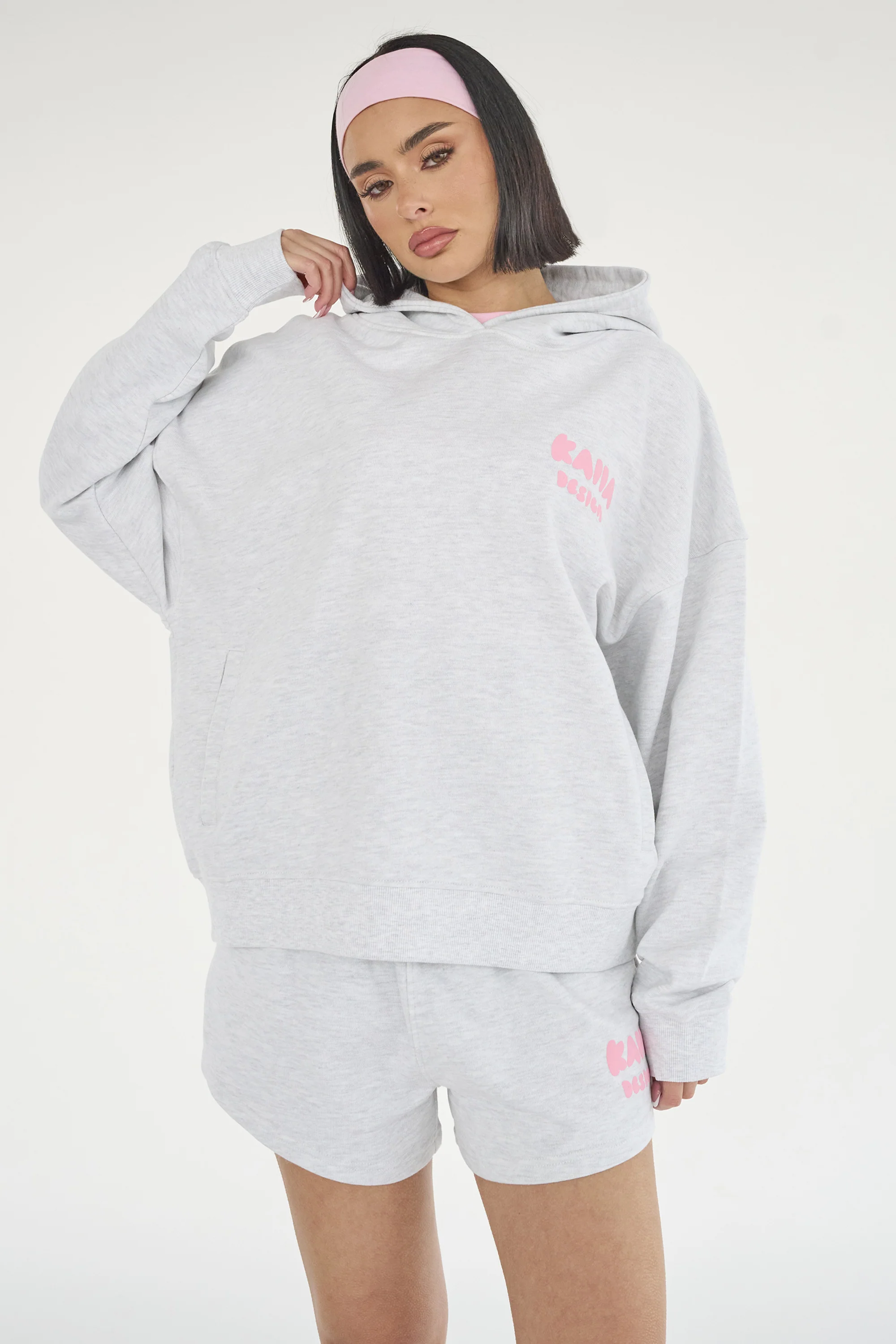 Kaiia Design Bubble Logo Oversized Hoodie Lt Grey Marl & Pink - Image 7