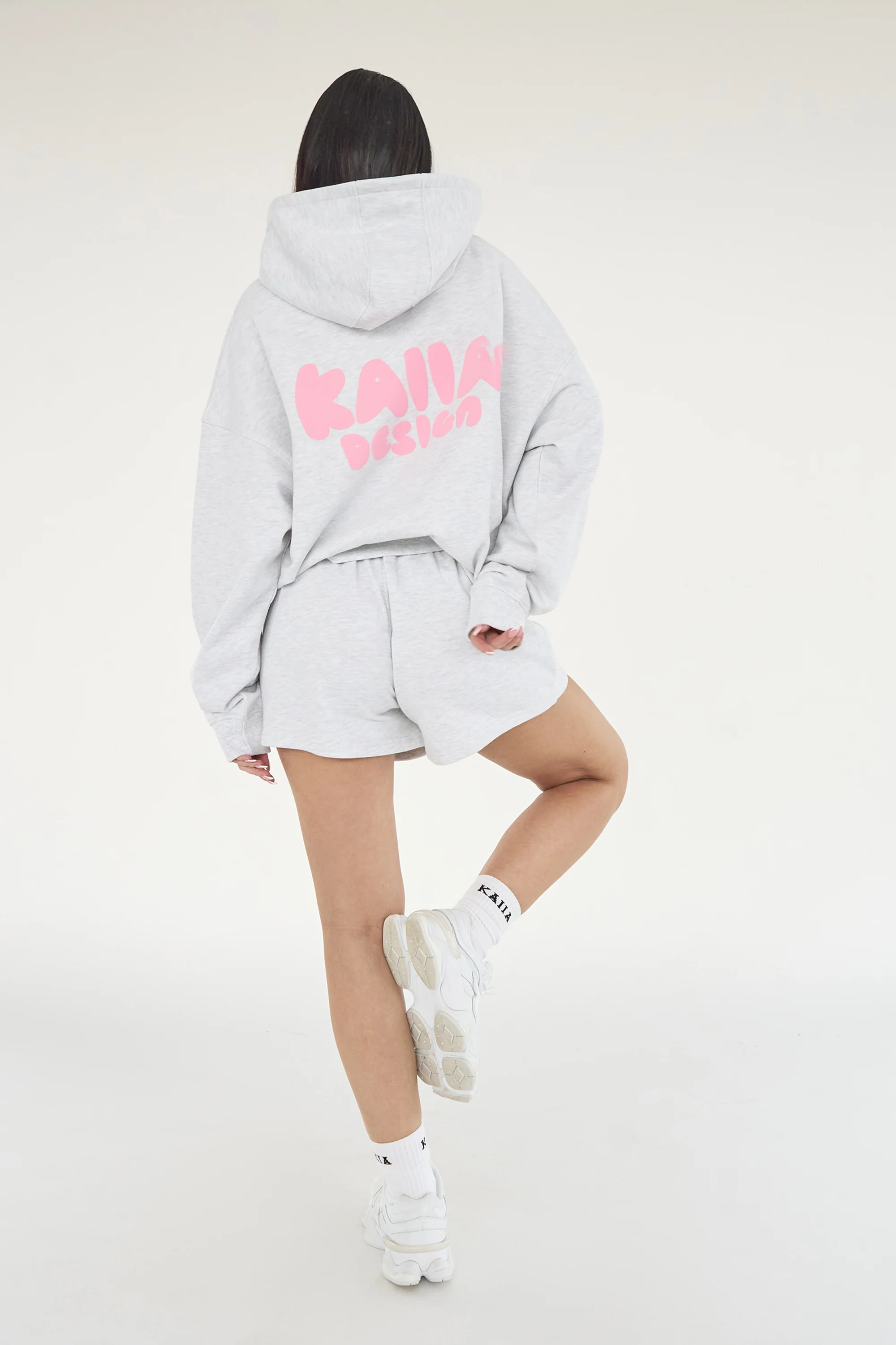 Kaiia Design Bubble Logo Oversized Hoodie Lt Grey Marl & Pink - Image 8