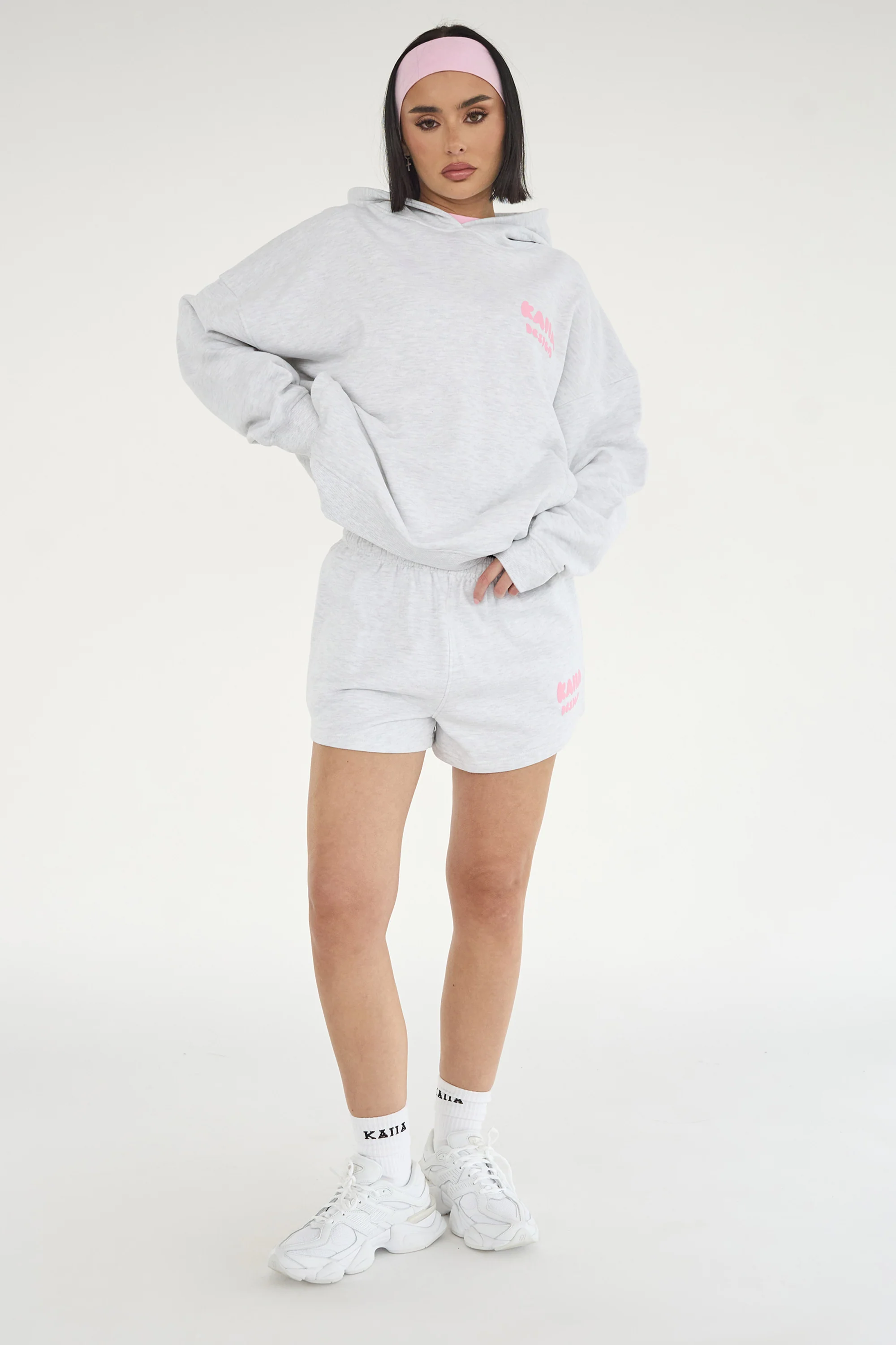 Kaiia Design Bubble Logo Oversized Hoodie Lt Grey Marl & Pink - Image 9