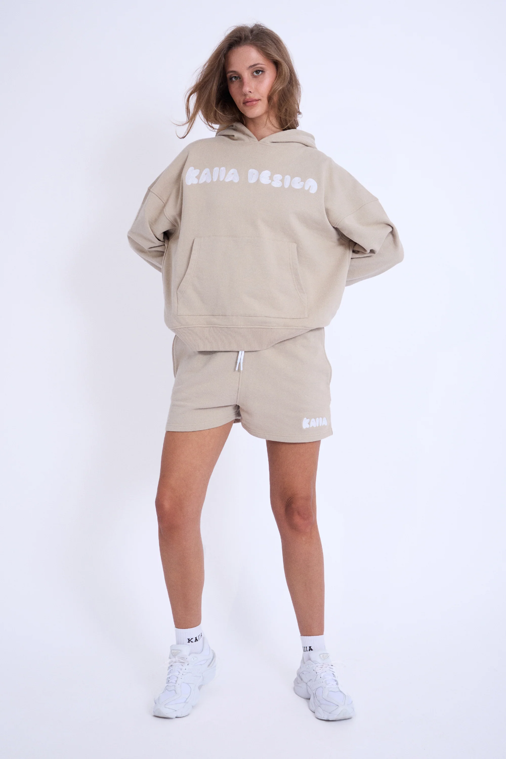 Kaiia Design Embroidered Bubble Logo Oversized Hoodie Light Stone - Image 4