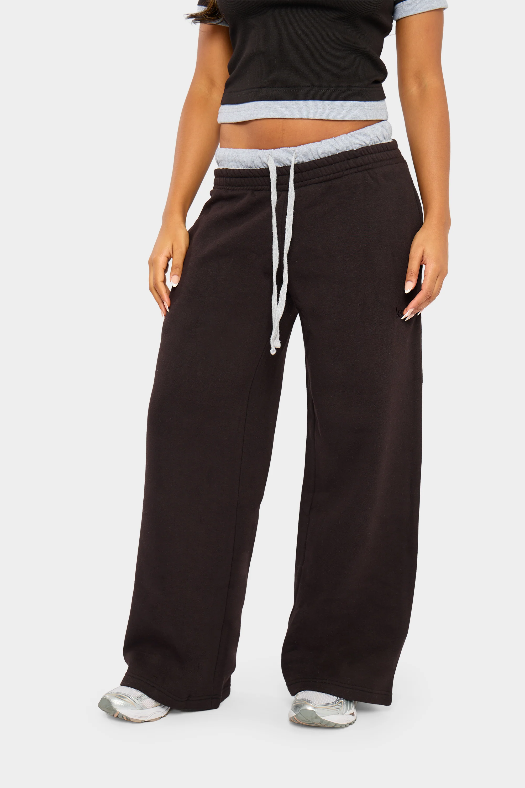 Kaiia Double Waist Wide Leg Joggers Black & Grey Marl - Image 3