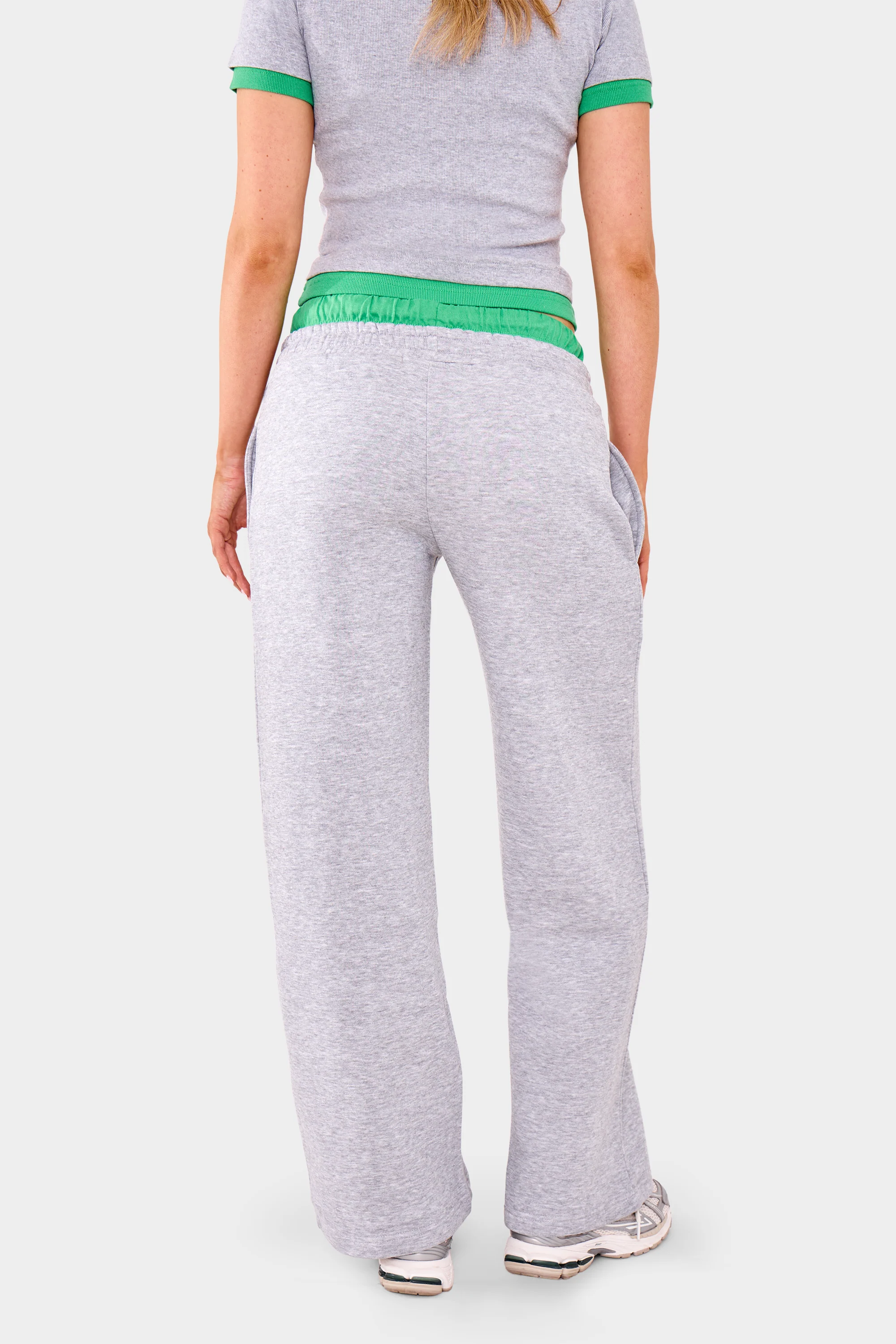 Kaiia Double Waist Wide Leg Joggers Grey Marl & Green - Image 3