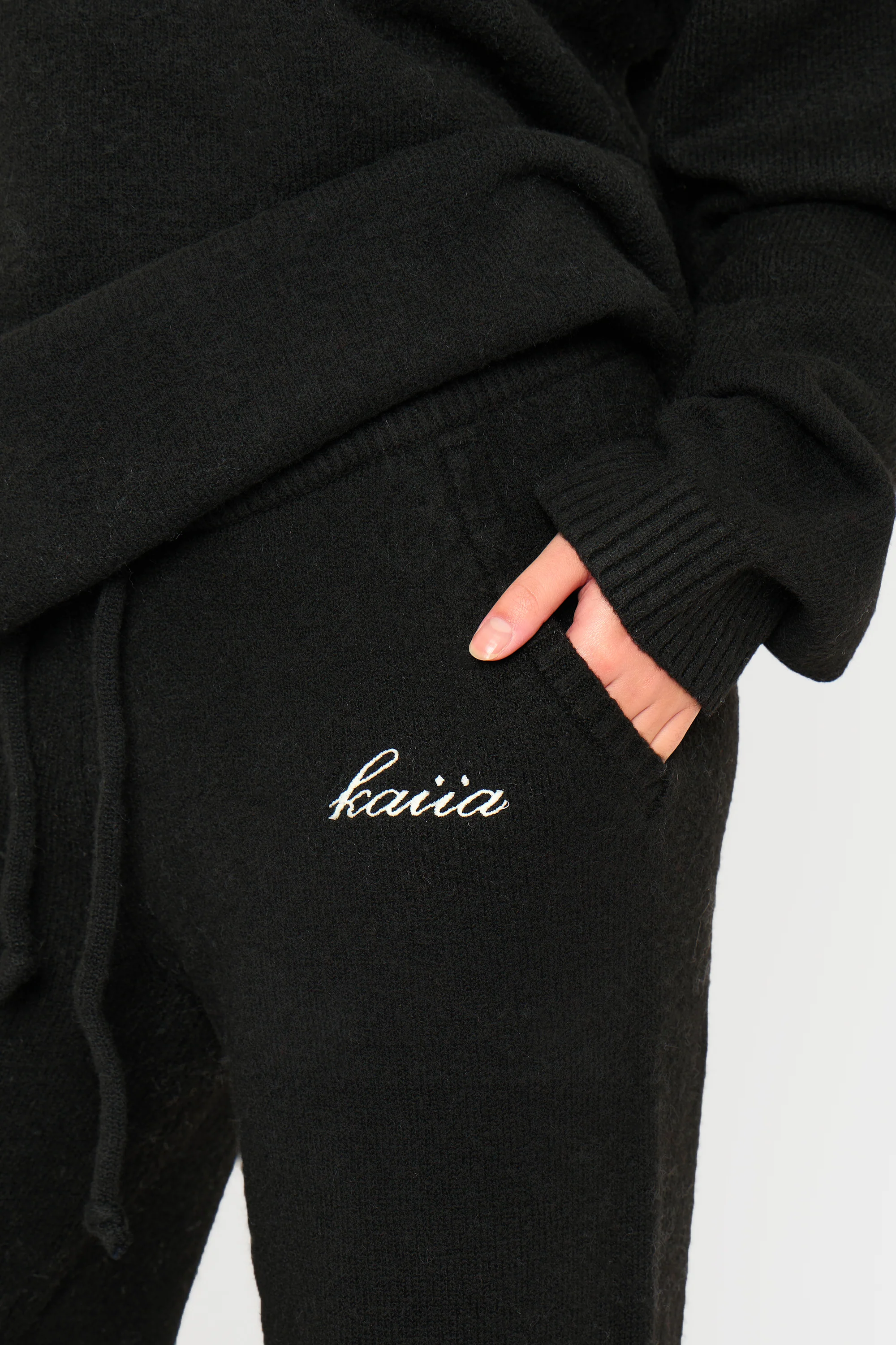 Kaiia Knit Drawstring Wide Leg Trousers Black - Image 2