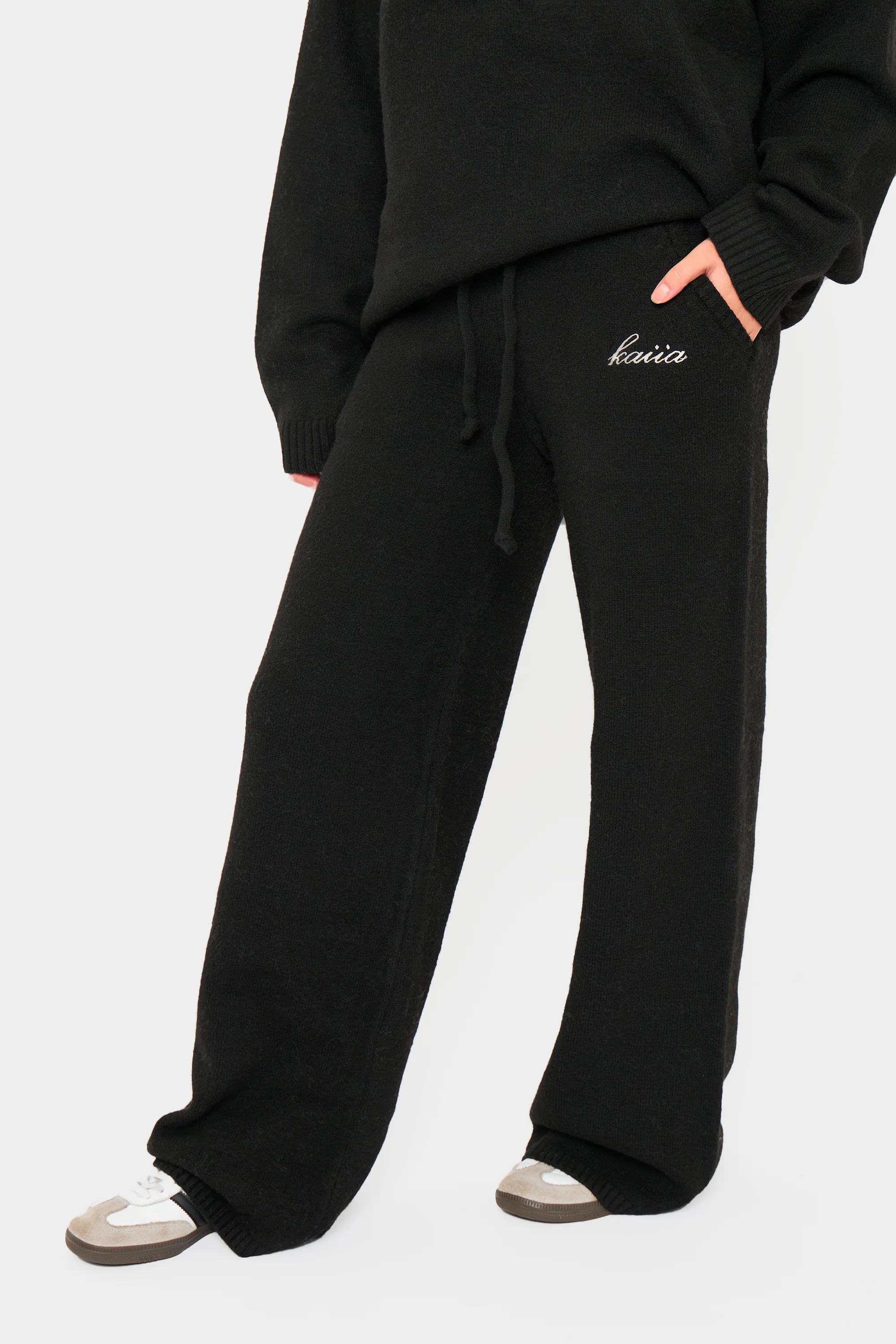 Kaiia Knit Drawstring Wide Leg Trousers Black - Image 4