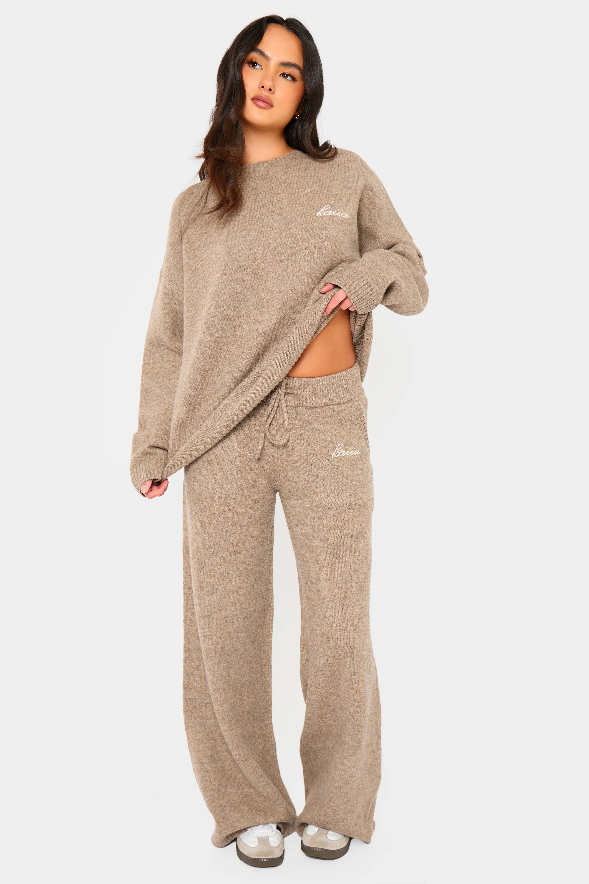 Kaiia Drawstring Wide Leg Trousers Taupe Marl