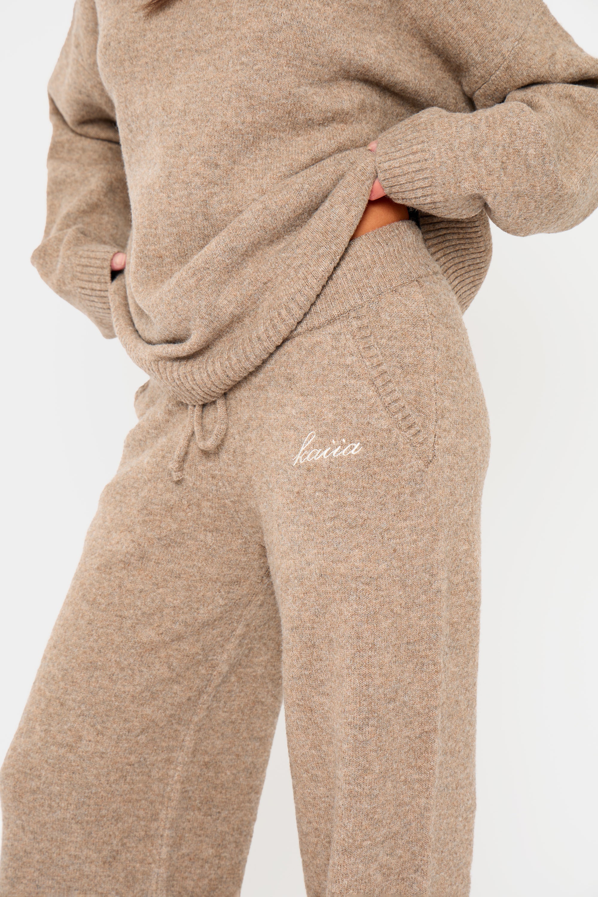 Kaiia Drawstring Wide Leg Trousers Taupe Marl - Image 2