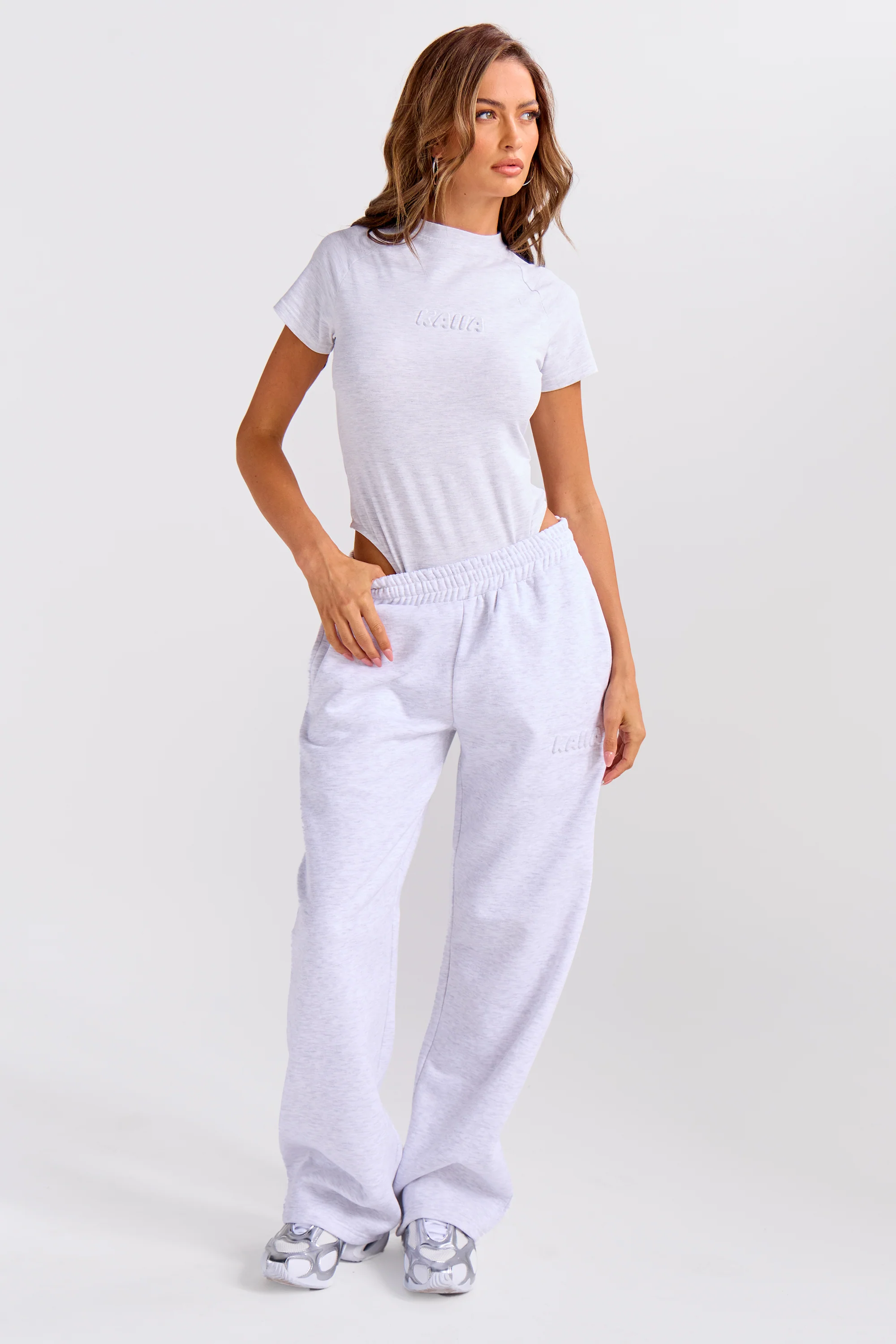 Kaiia Embossed Bubble Logo Wide Leg Joggers Light Grey Marl - Image 4
