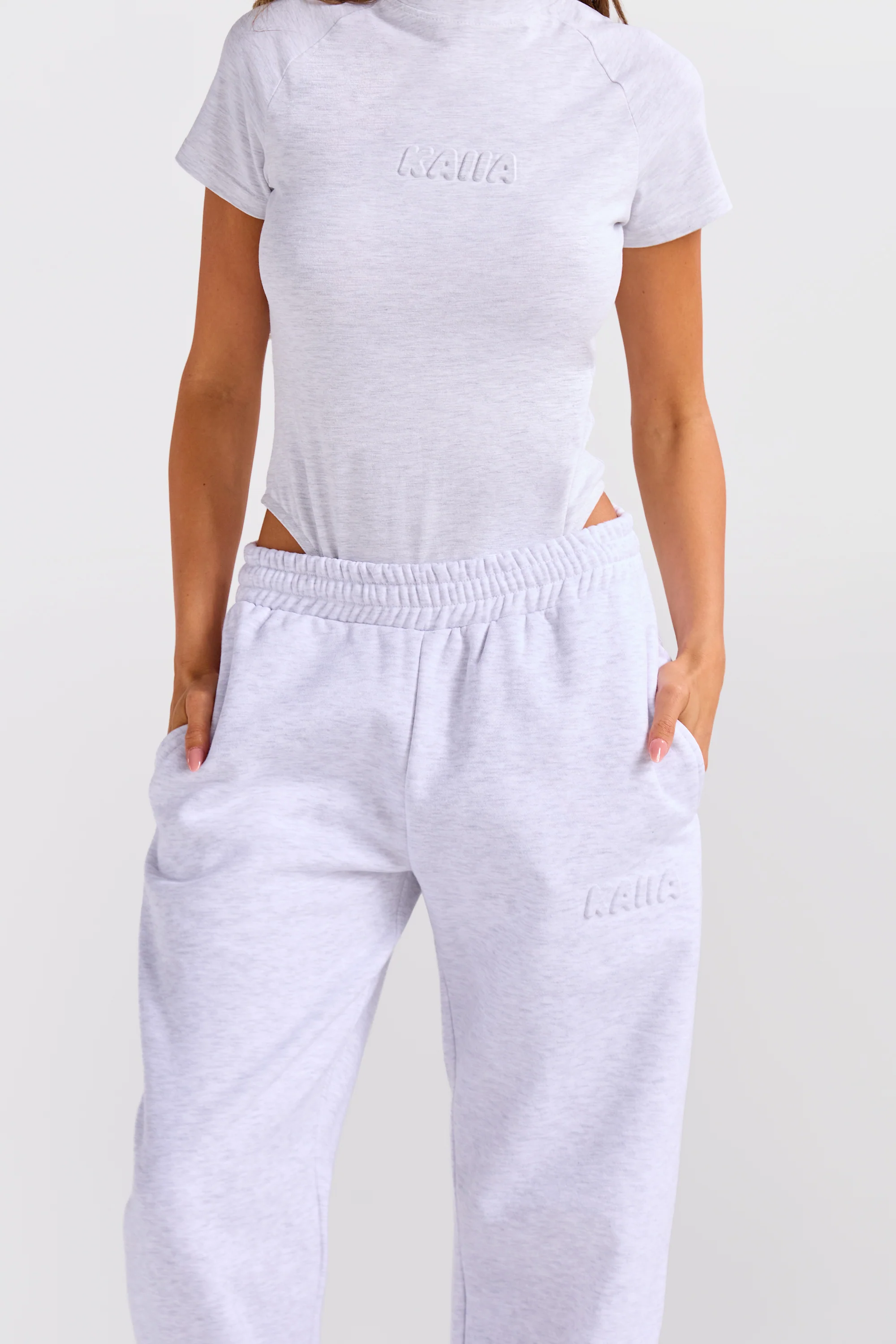 Kaiia Embossed Bubble Logo Wide Leg Joggers Light Grey Marl - Image 7