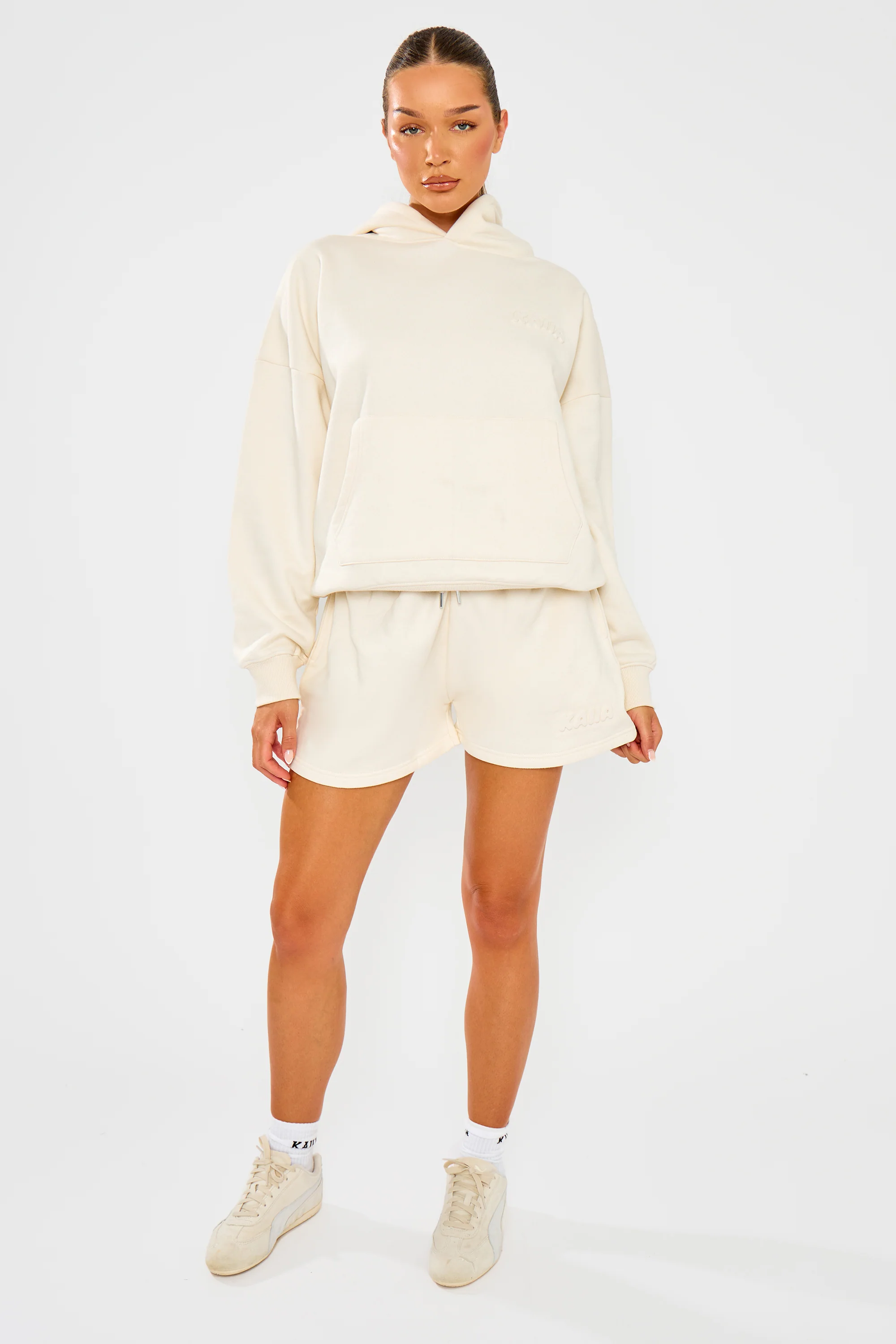 Kaiia Embossed Bubble Logo Mini Sweat Shorts Almond Milk