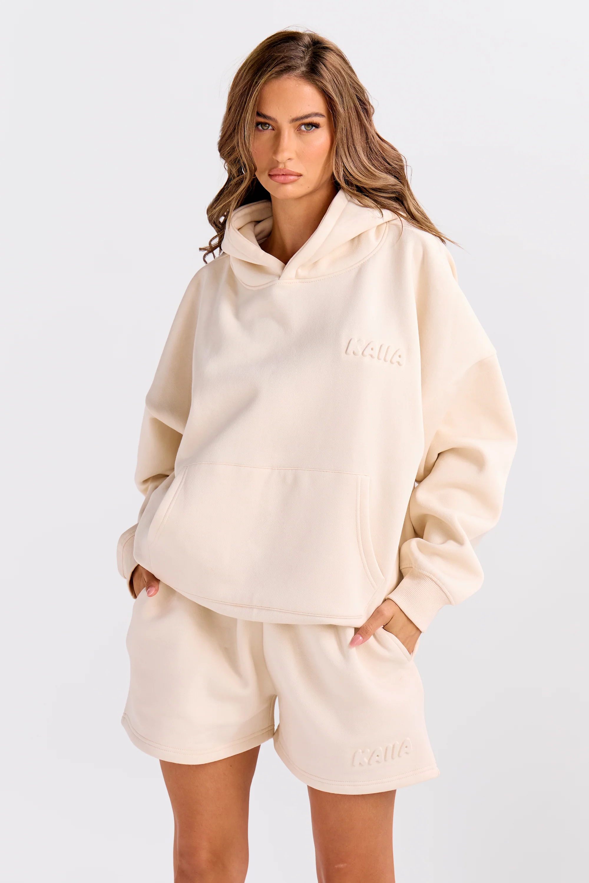 Kaiia Embossed Bubble Logo Oversized Hoodie Oatmilk - Image 5