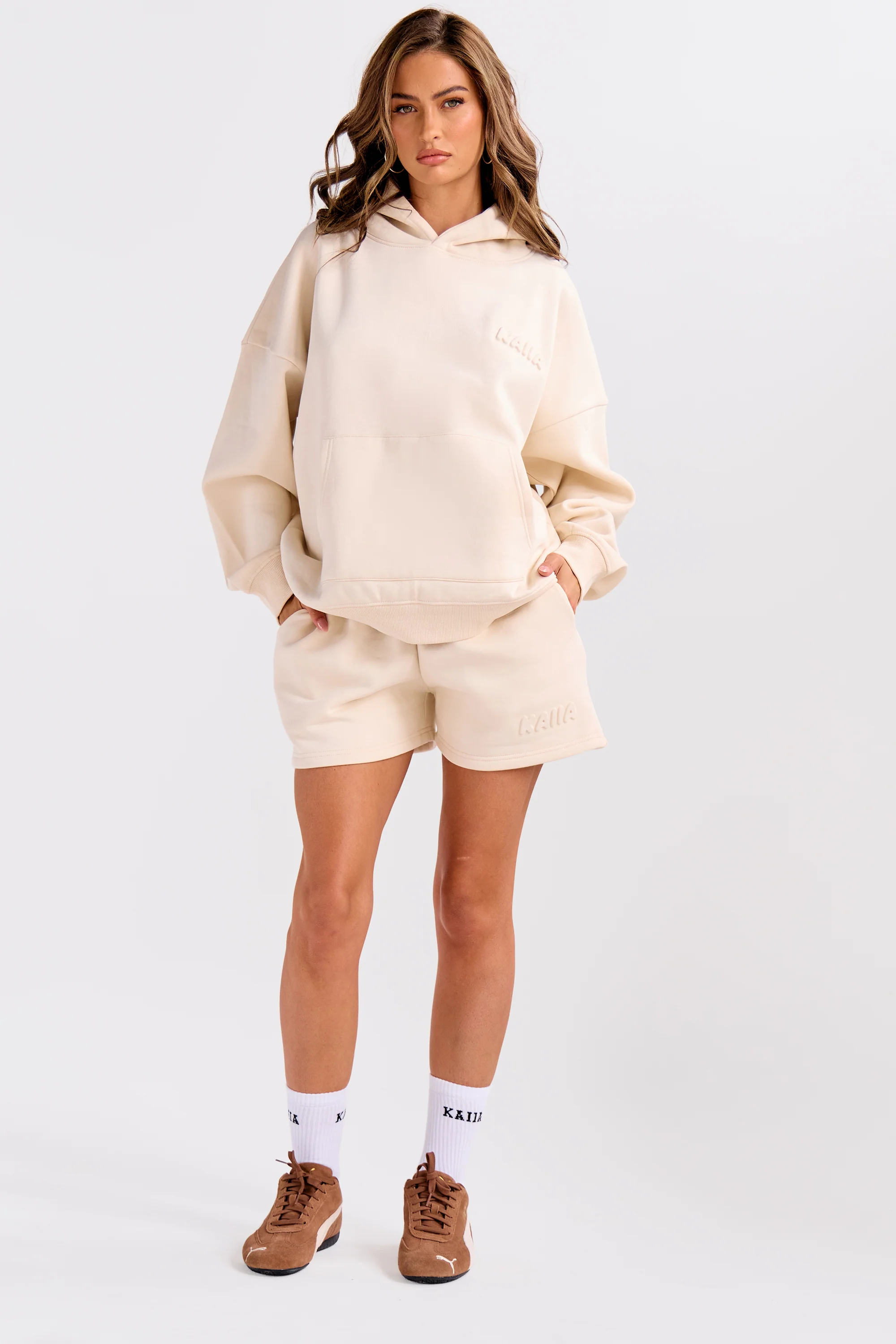 Kaiia Embossed Bubble Logo Oversized Hoodie Oatmilk - Image 6
