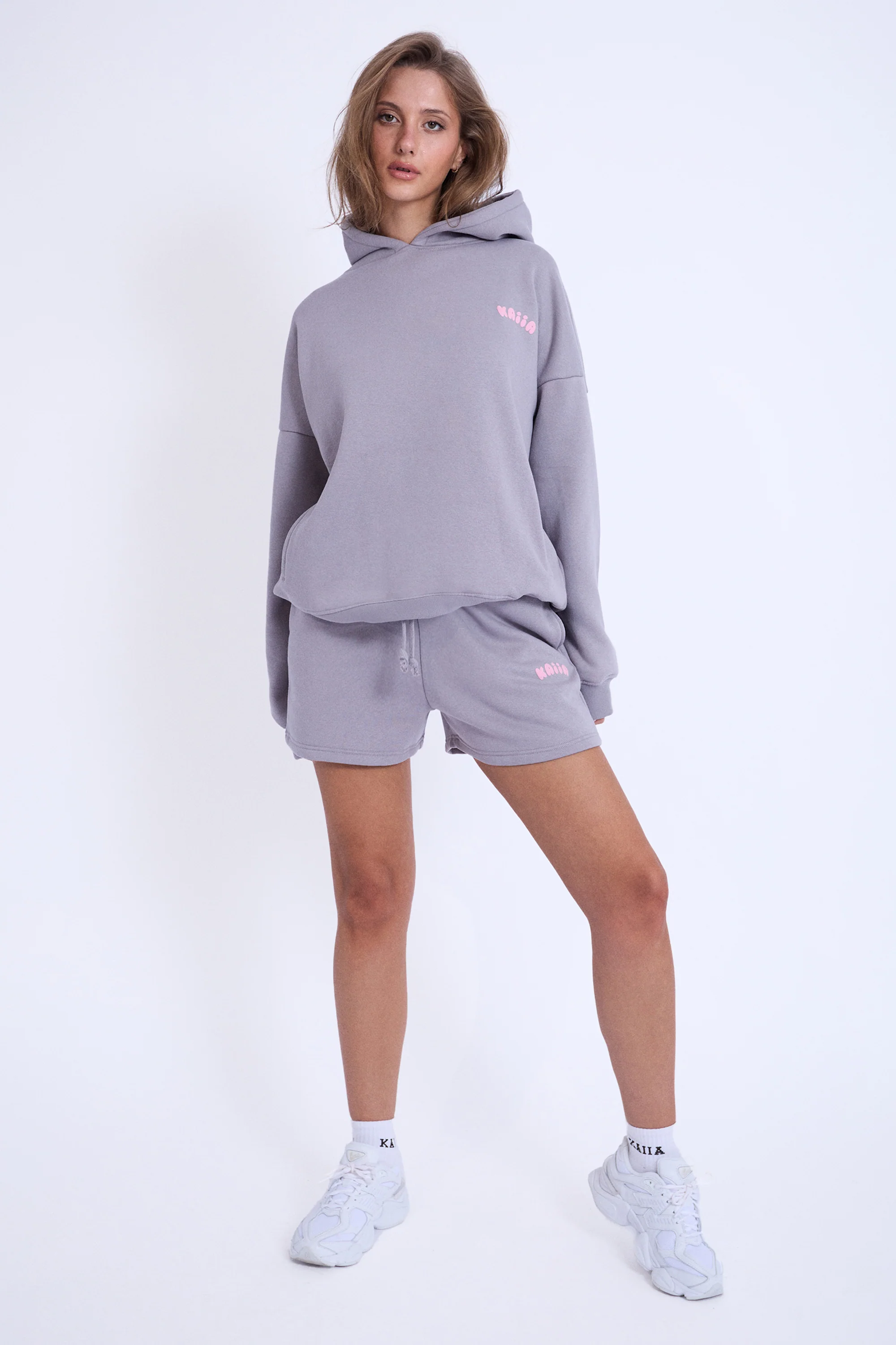 Kaiia Embossed Bubble Logo Oversized Hoodie Slate Grey & Pink - Image 4