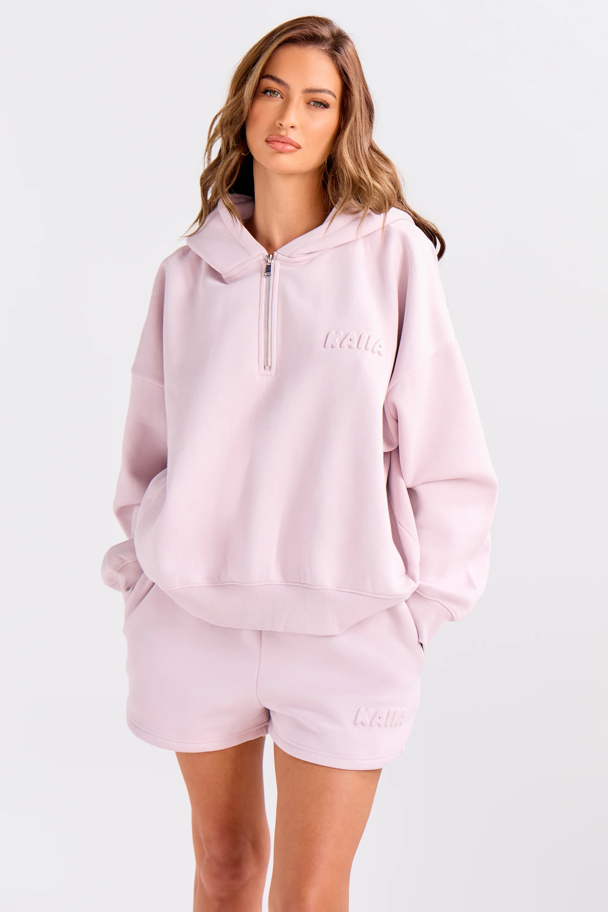 Kaiia Embossed Bubble Logo Quarter Zip Oversized Hoodie Pale Dusty Lilac - Image 5